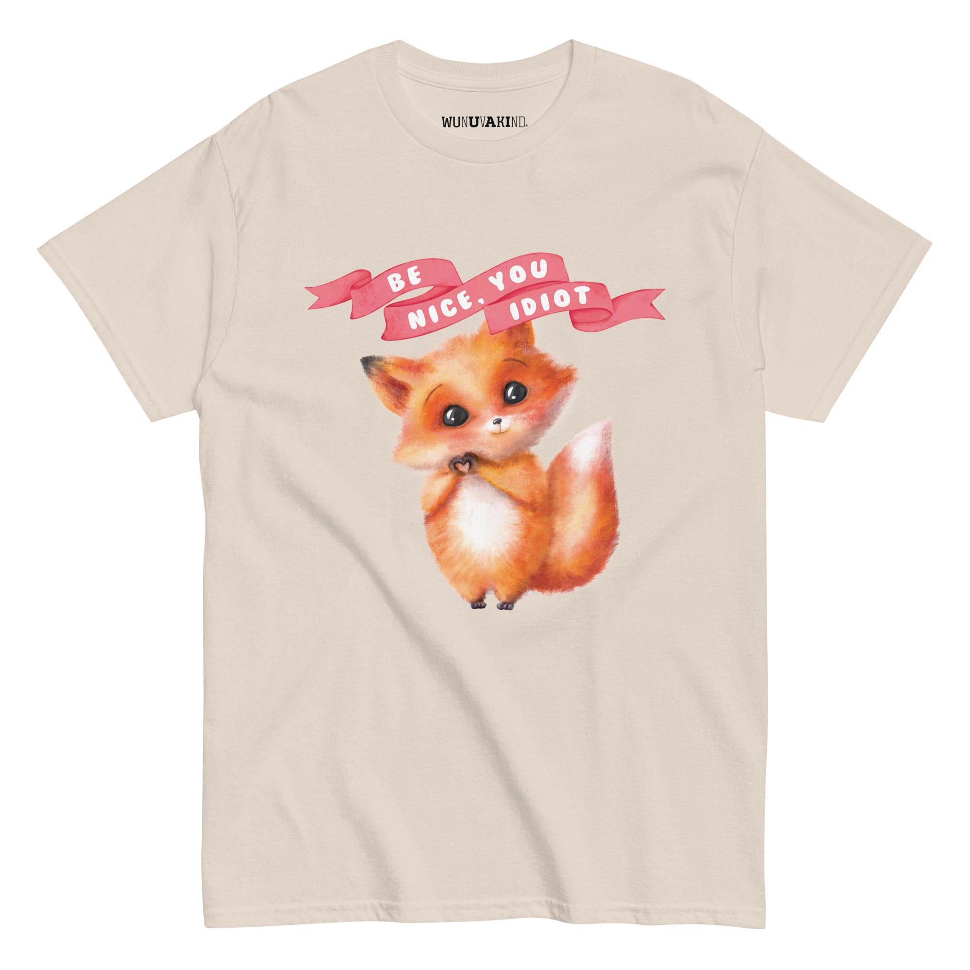 A t-shirt with a cartoon image of a cat and a pink banner with the text "Be nice. You idiot" printed on it.