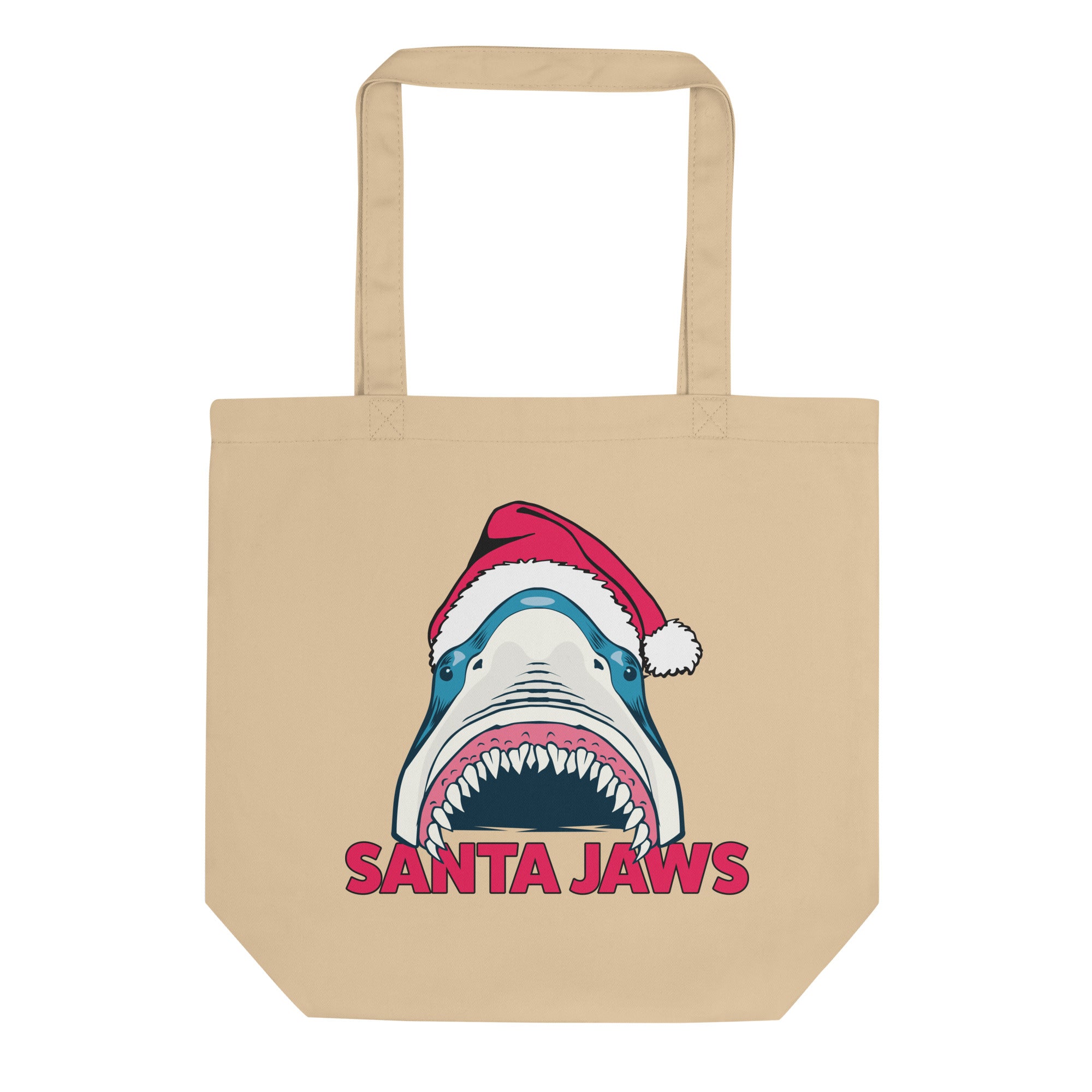 a tote bag with a shark wearing a santa hat