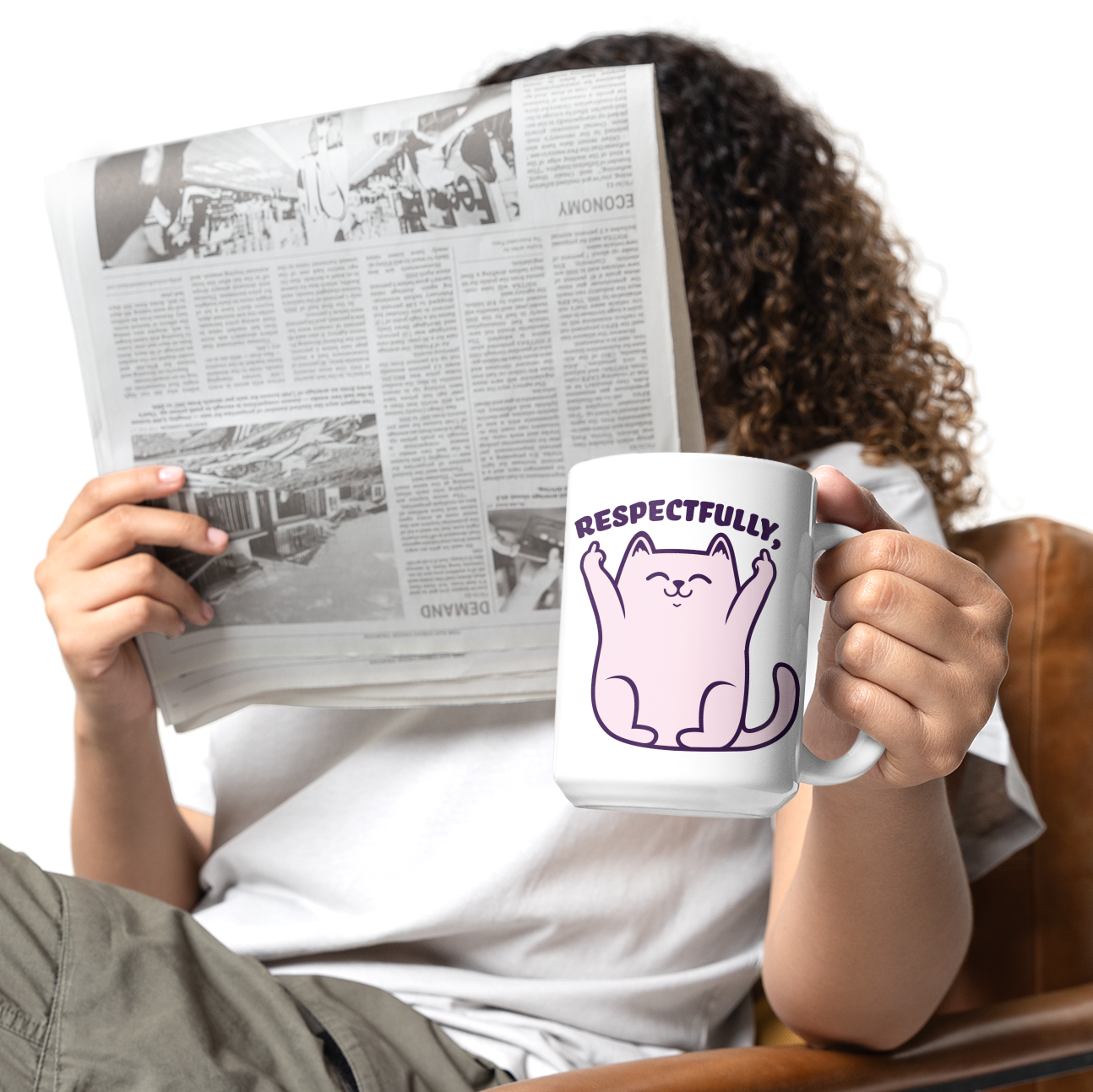 a woman reading a newspaper while holding a coffee mug