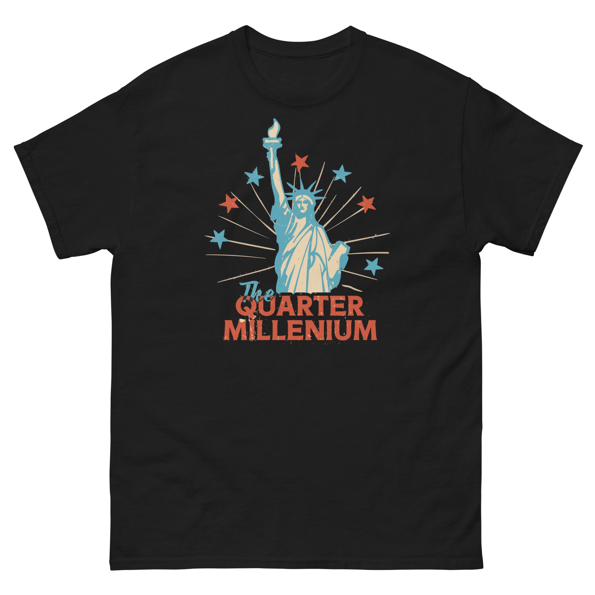 a black t - shirt with the statue of liberty on it