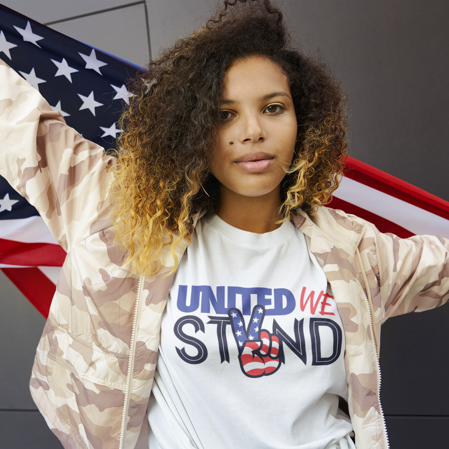 a woman with an american flag on her jacket