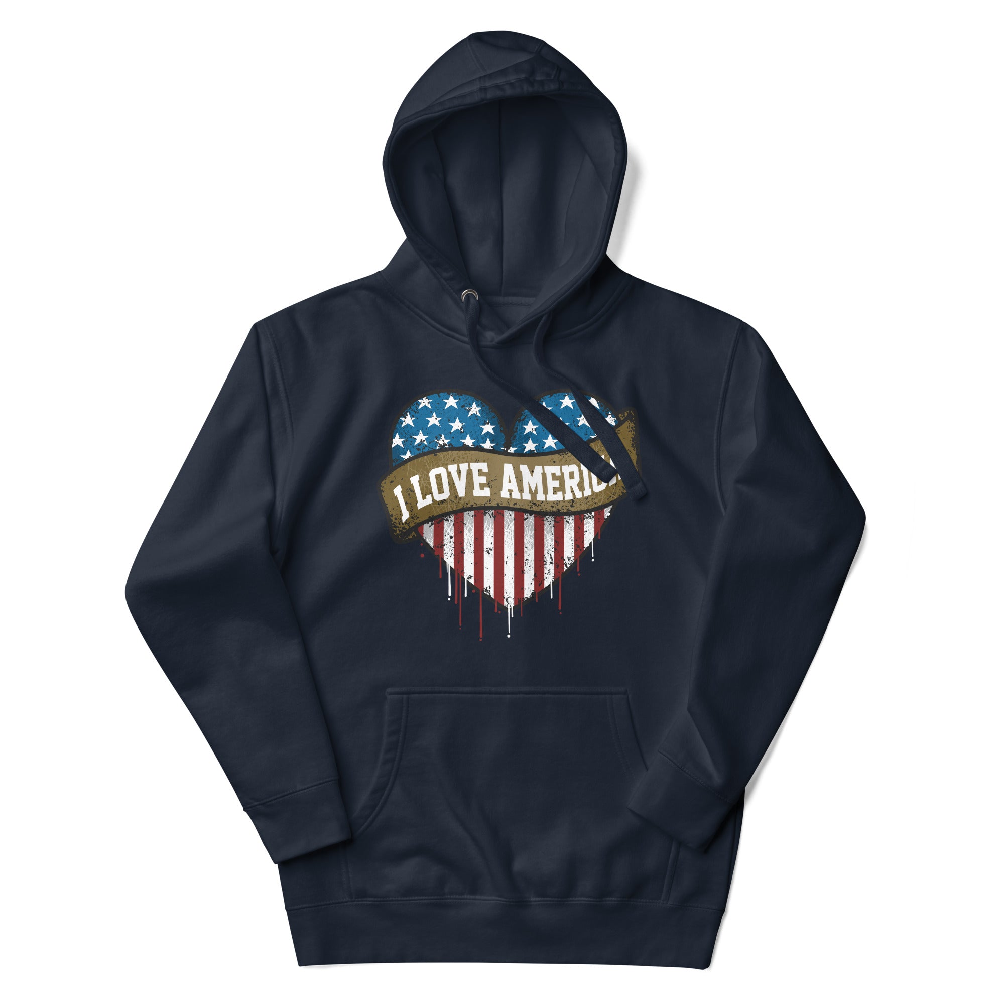 a navy hoodie with an american flag heart and the words love america on it