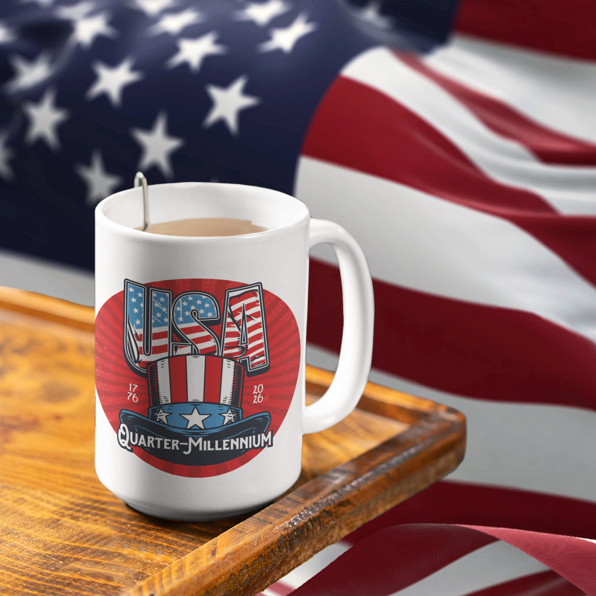 a cup of coffee sits on a table in front of an american flag