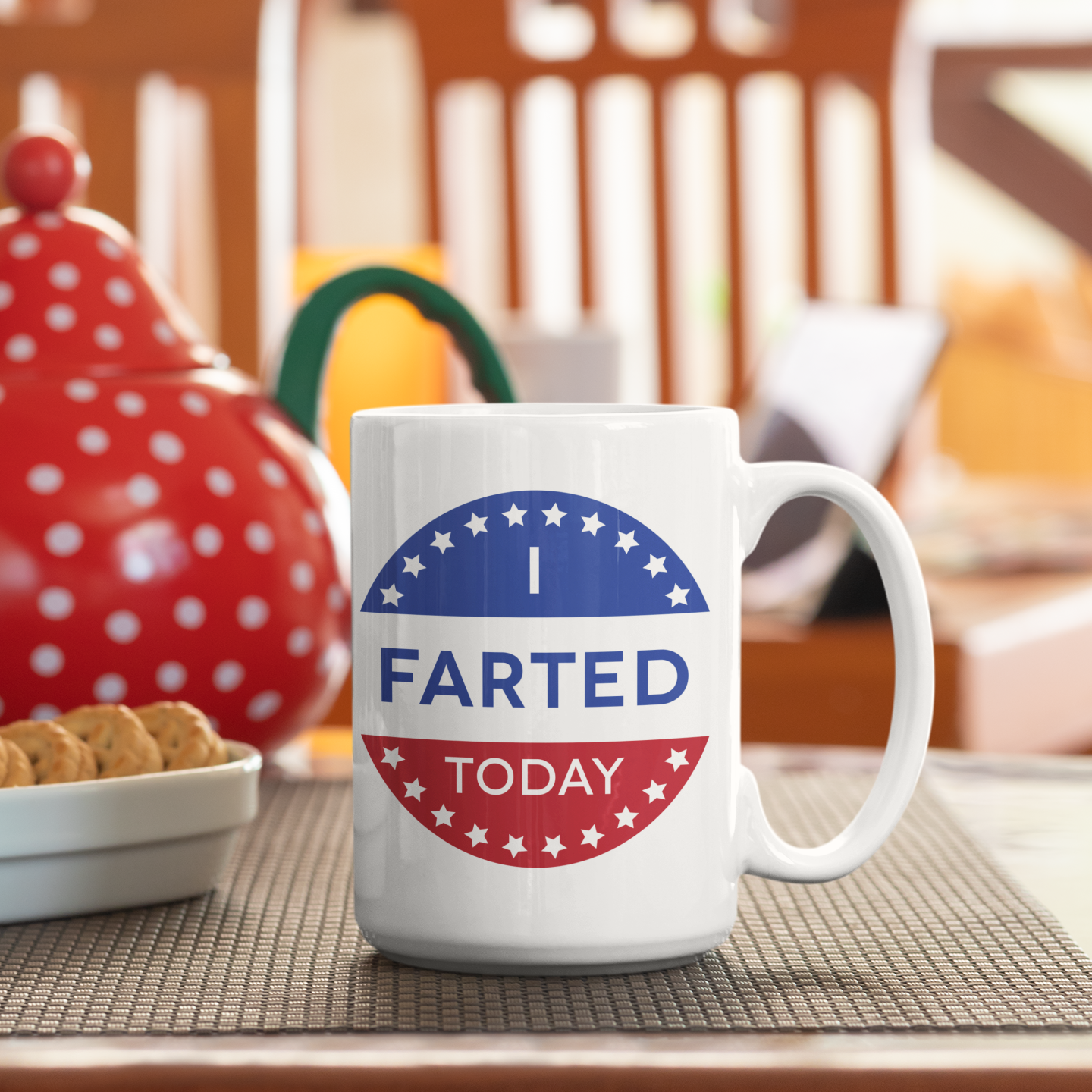 a coffee mug with the words farted today on it