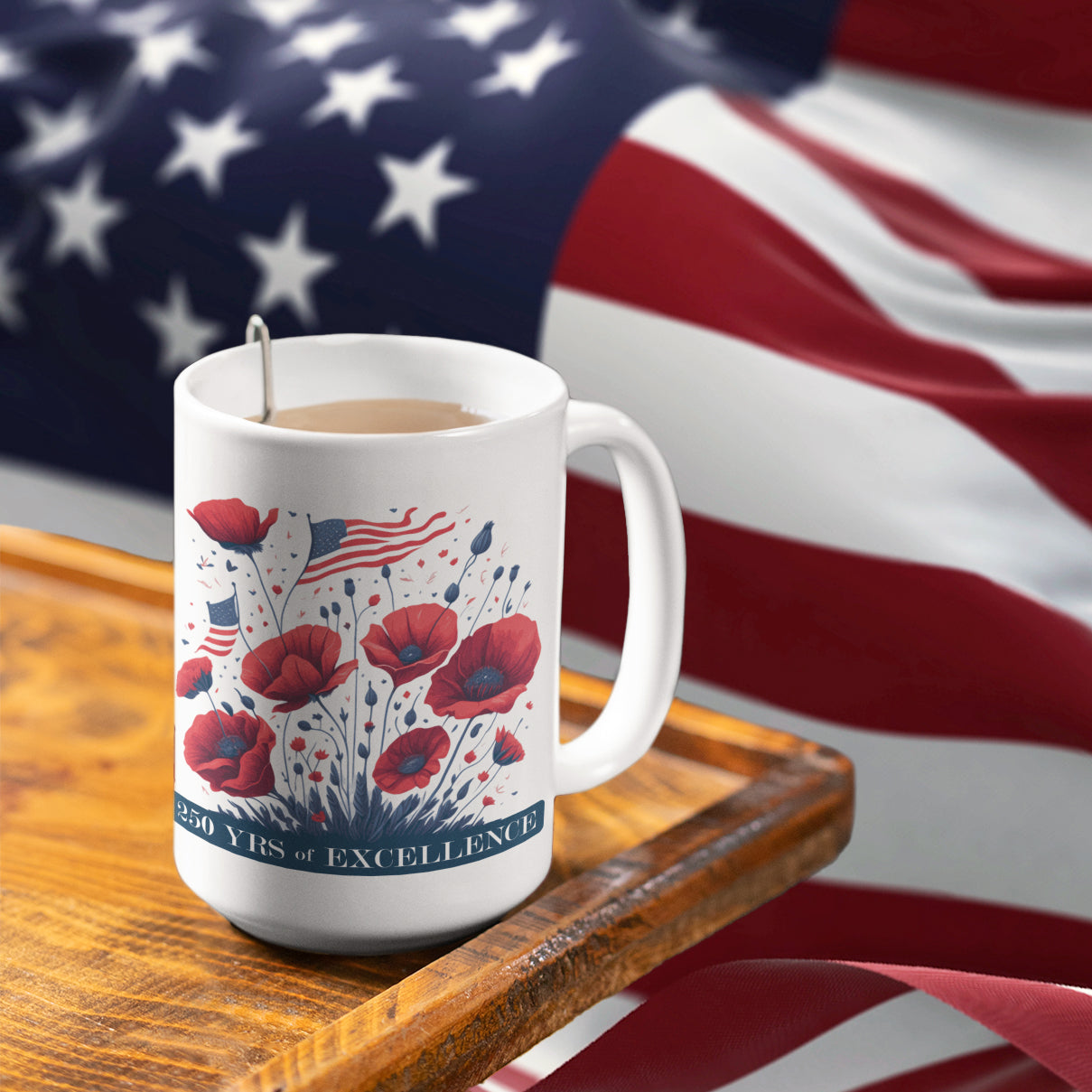 a cup of coffee on a table with an american flag in the background