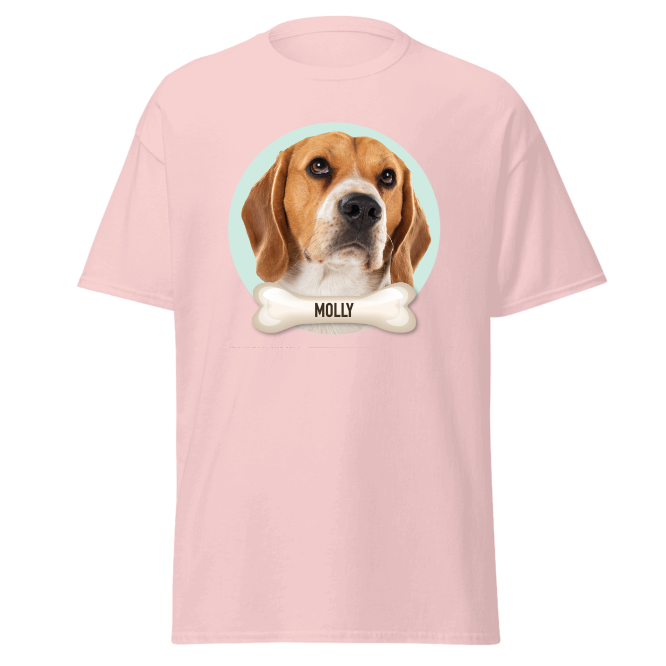 a pink t - shirt with a picture of a dog with a bone on it