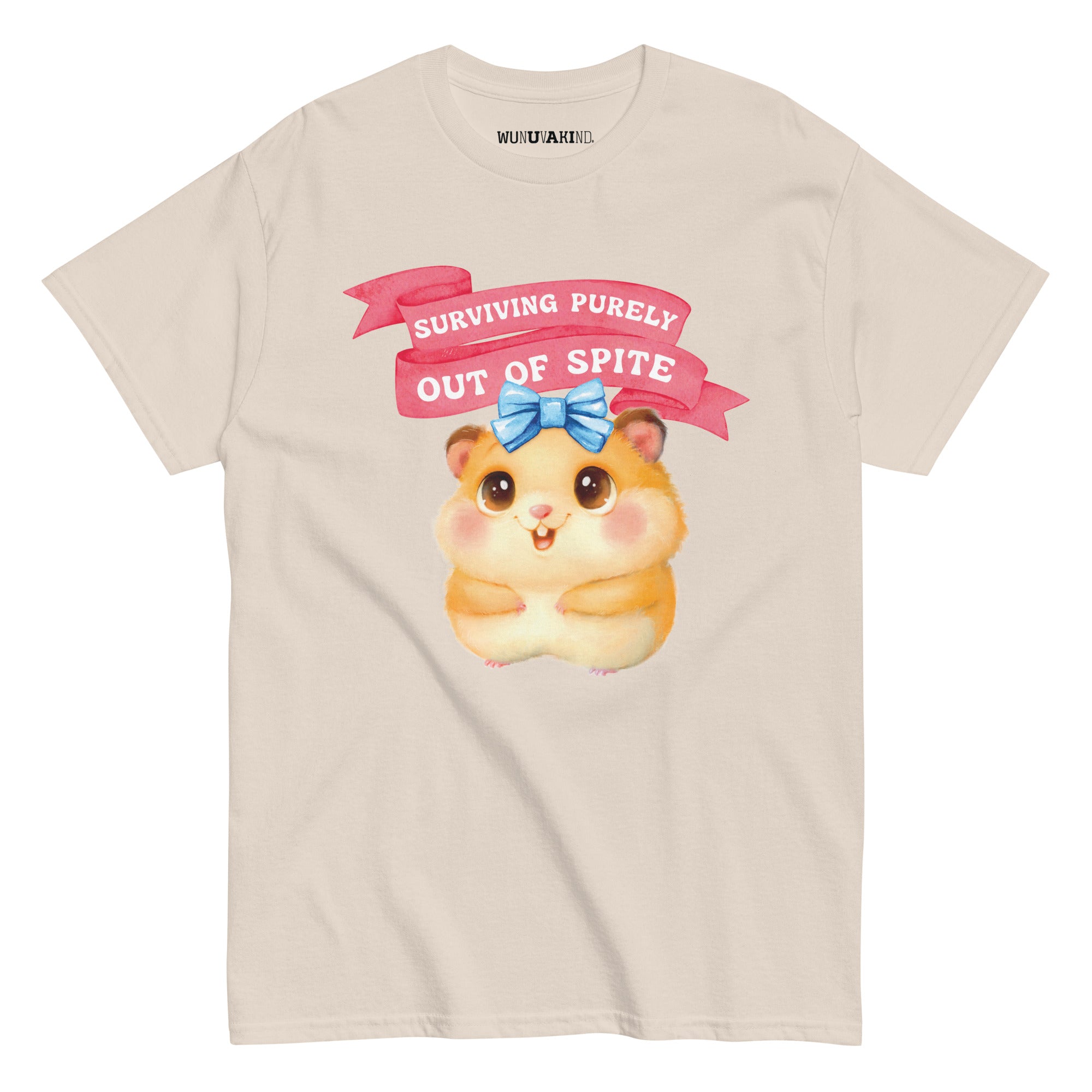 A t-shirt design featuring a cartoon hamster with a bow on its head, accompanied by the text "Surviving purely out of Spite".