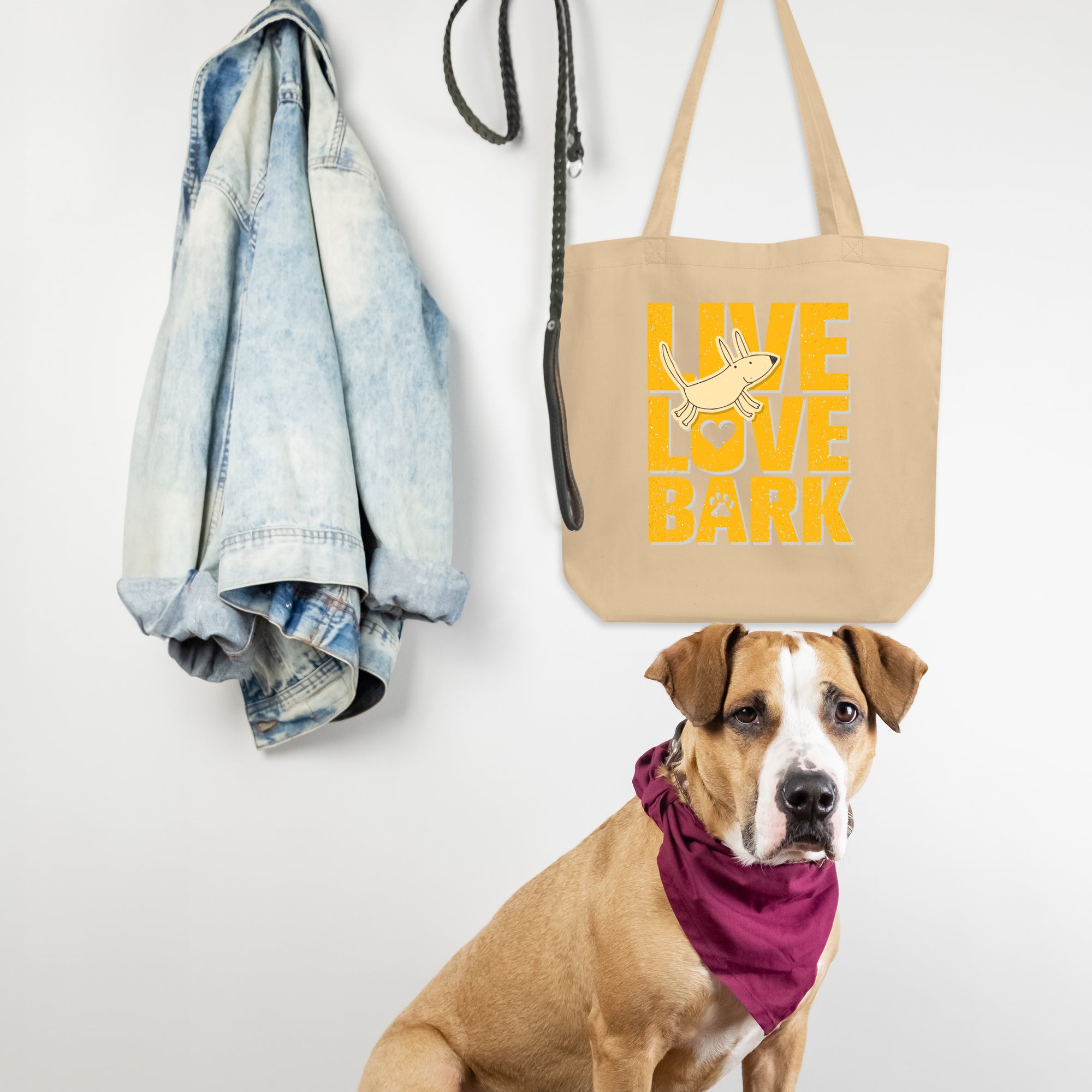 a dog sitting next to a bag and a coat rack