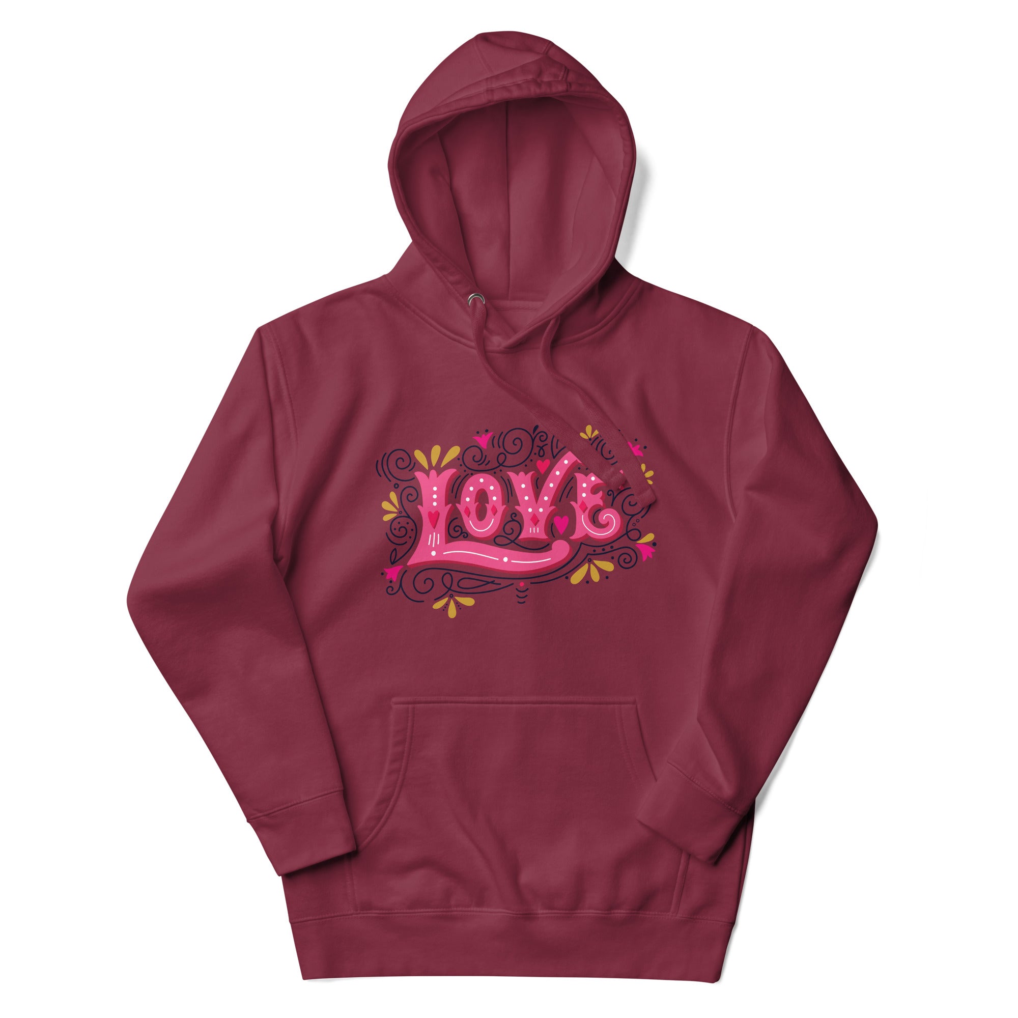 a maroon sweatshirt with the word love on it