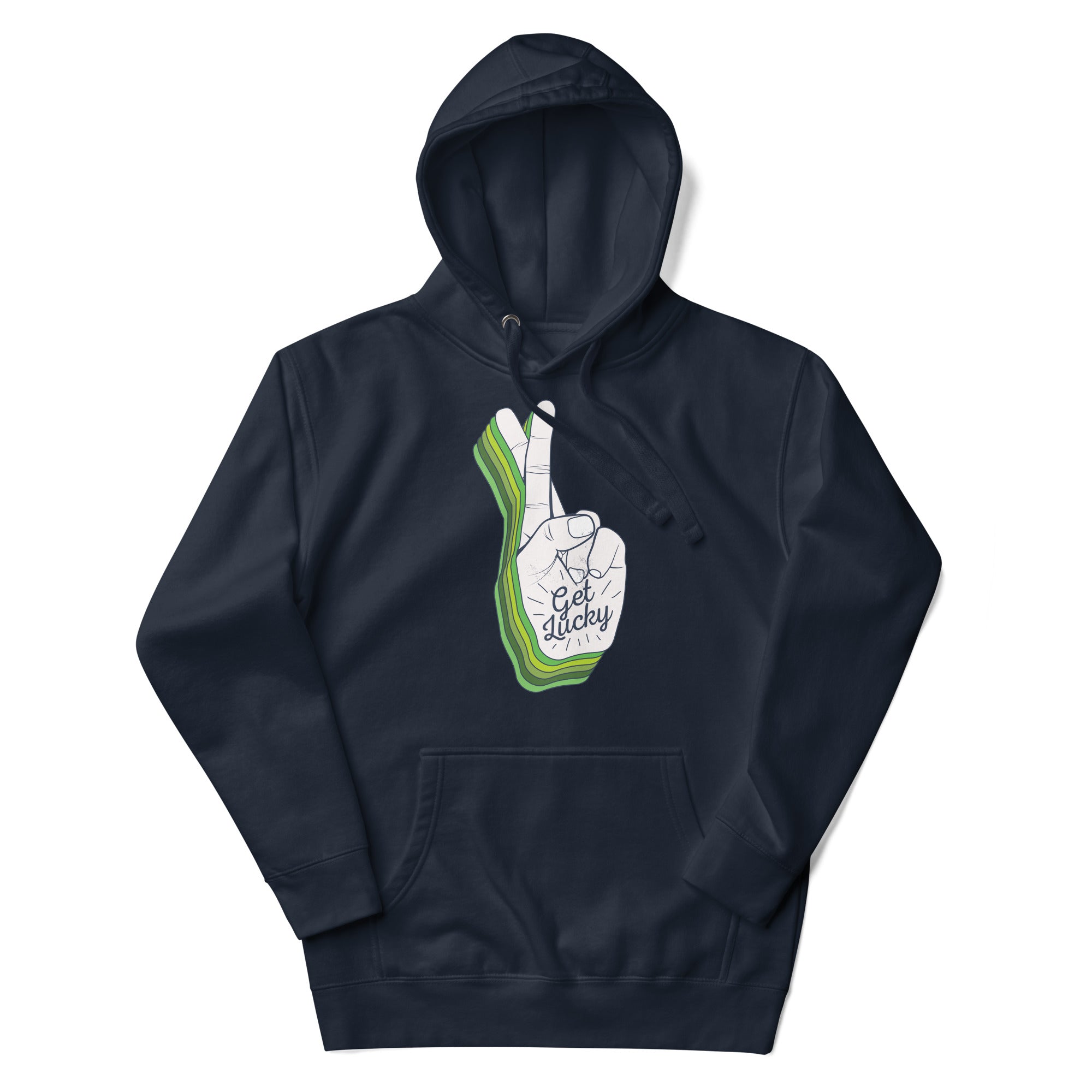 a navy hoodie with a green and white peace sign on it