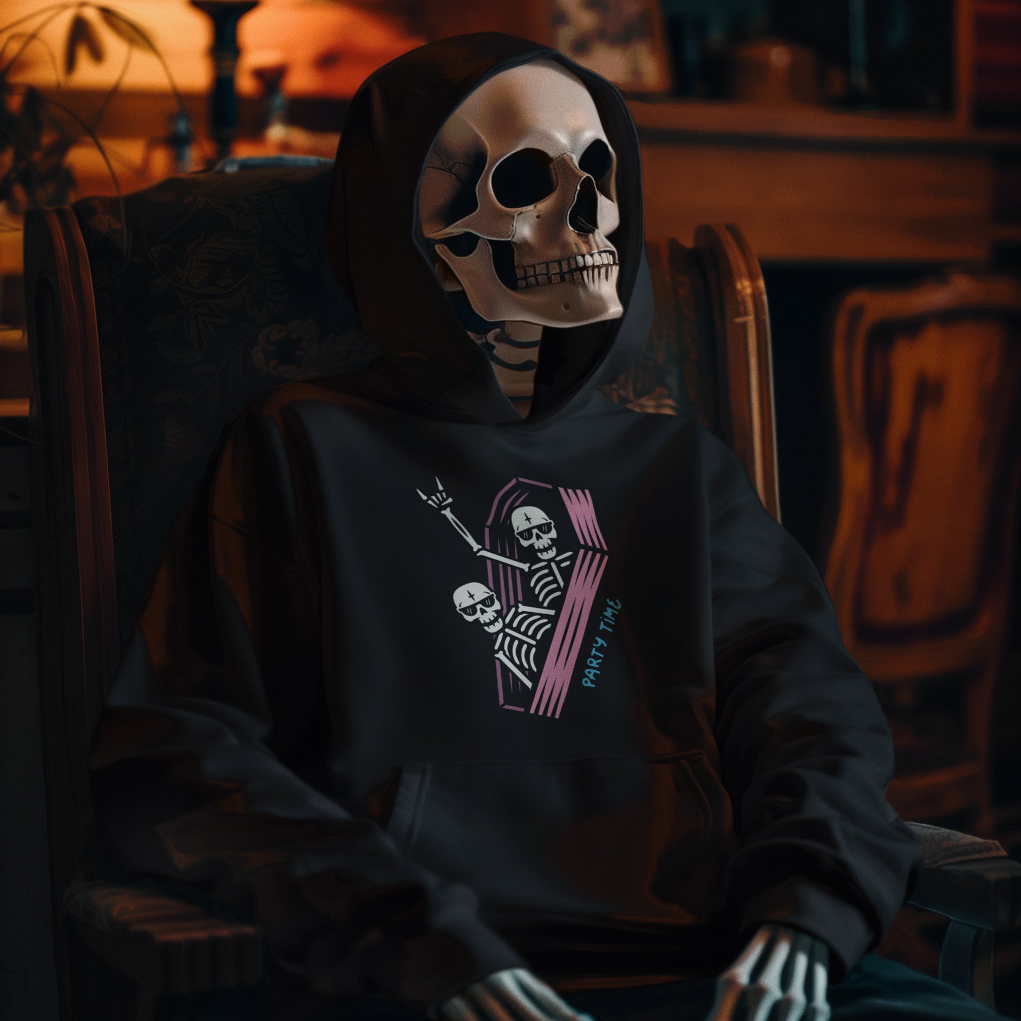 a skeleton sitting in a chair wearing a hoodie