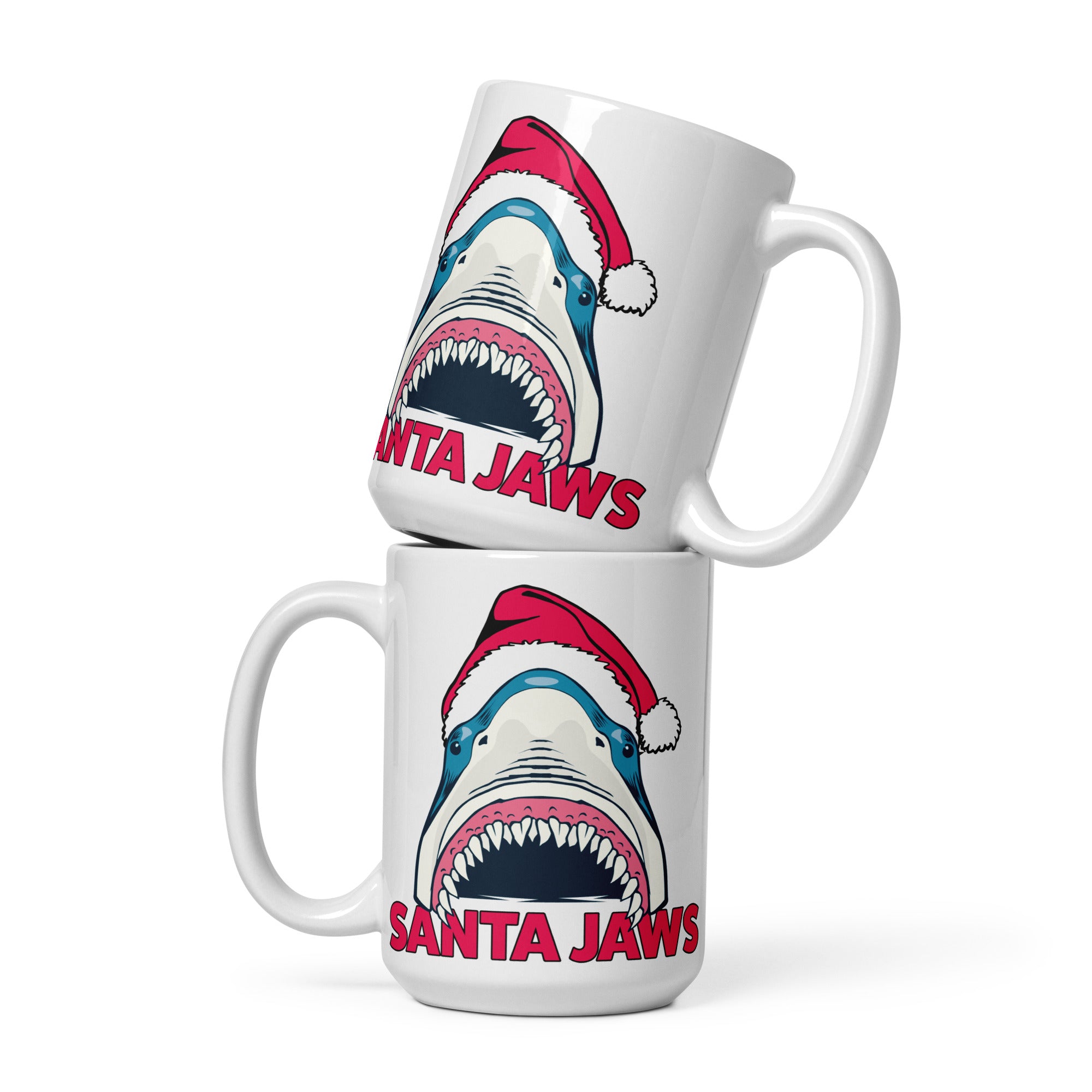 two white coffee mugs with santa jawss on them