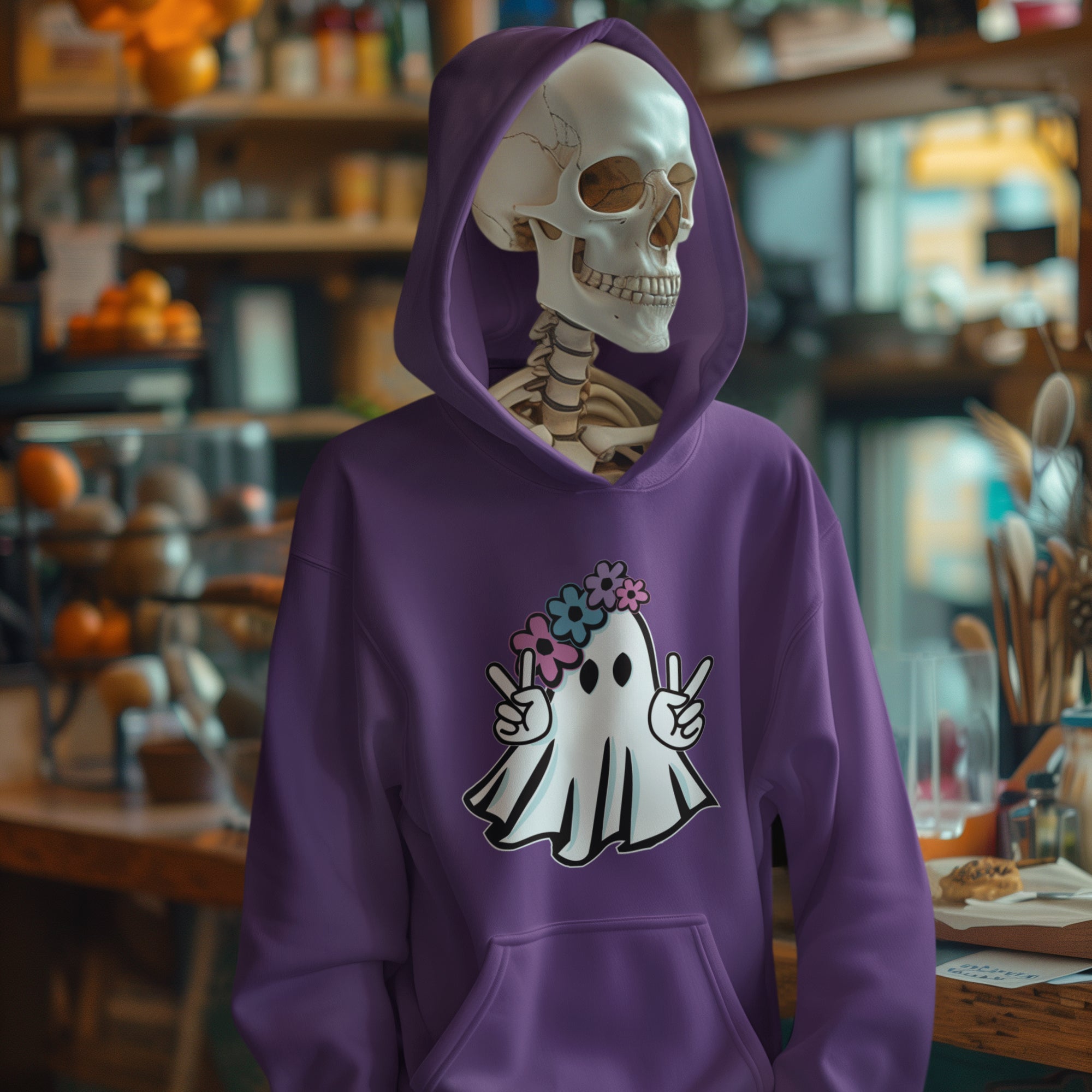 a skeleton wearing a purple hoodie with a flower on it