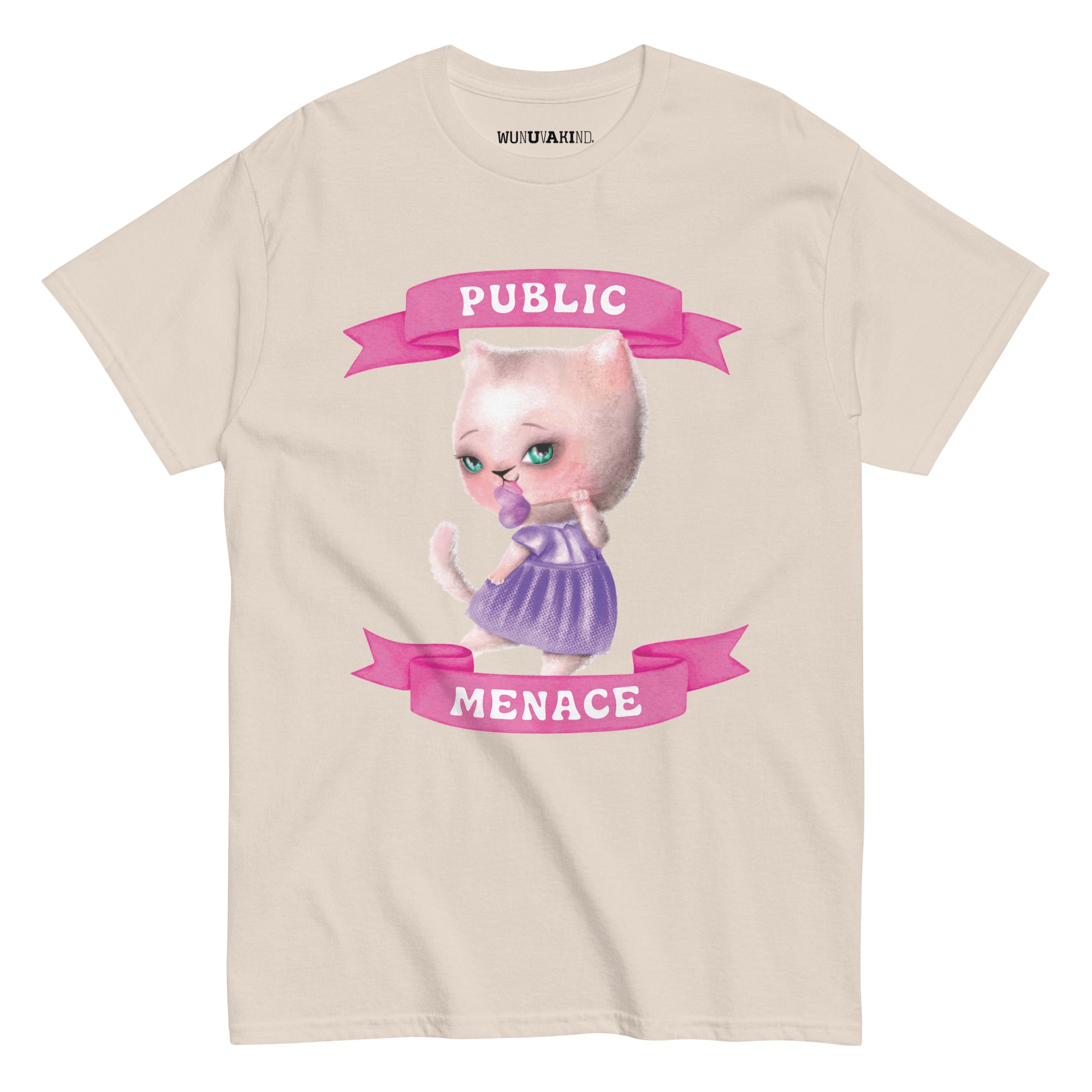 A t-shirt design featuring a cartoon cat wearing a purple dress and holding a sign that says "PUBLIC MENACE".