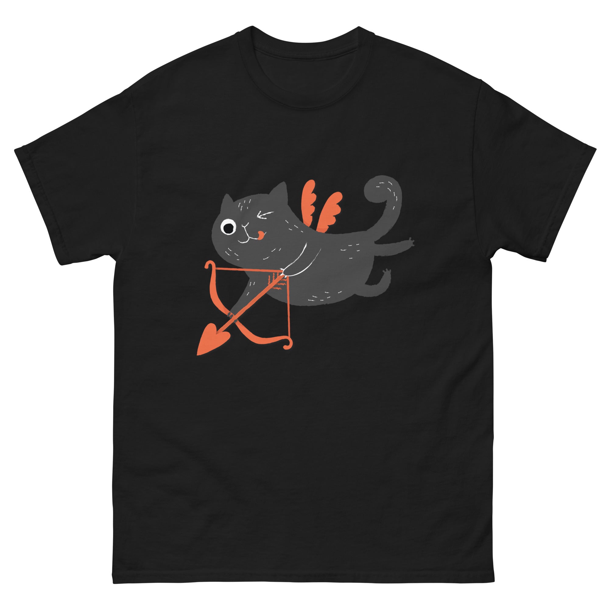 a black t - shirt with an image of a cat holding a bow