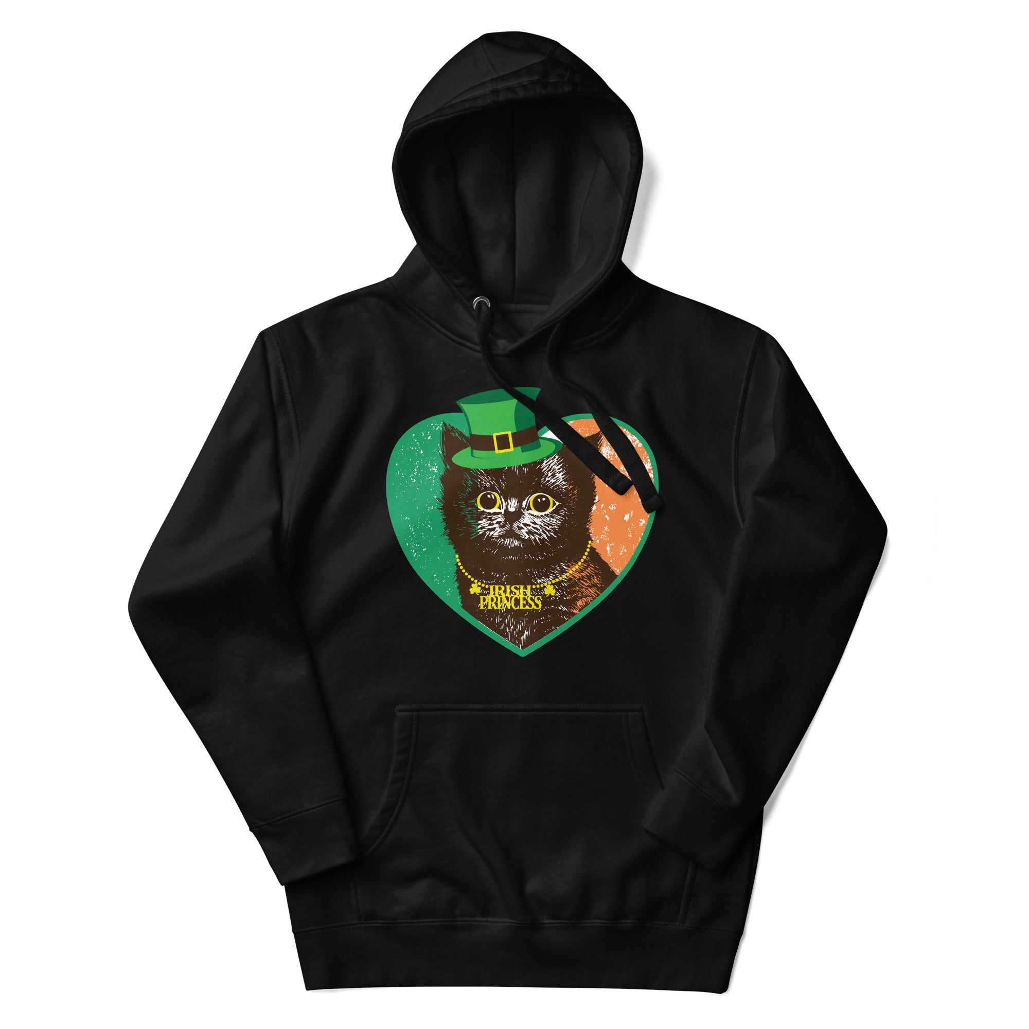 a black hoodie with an image of a cat wearing a hat