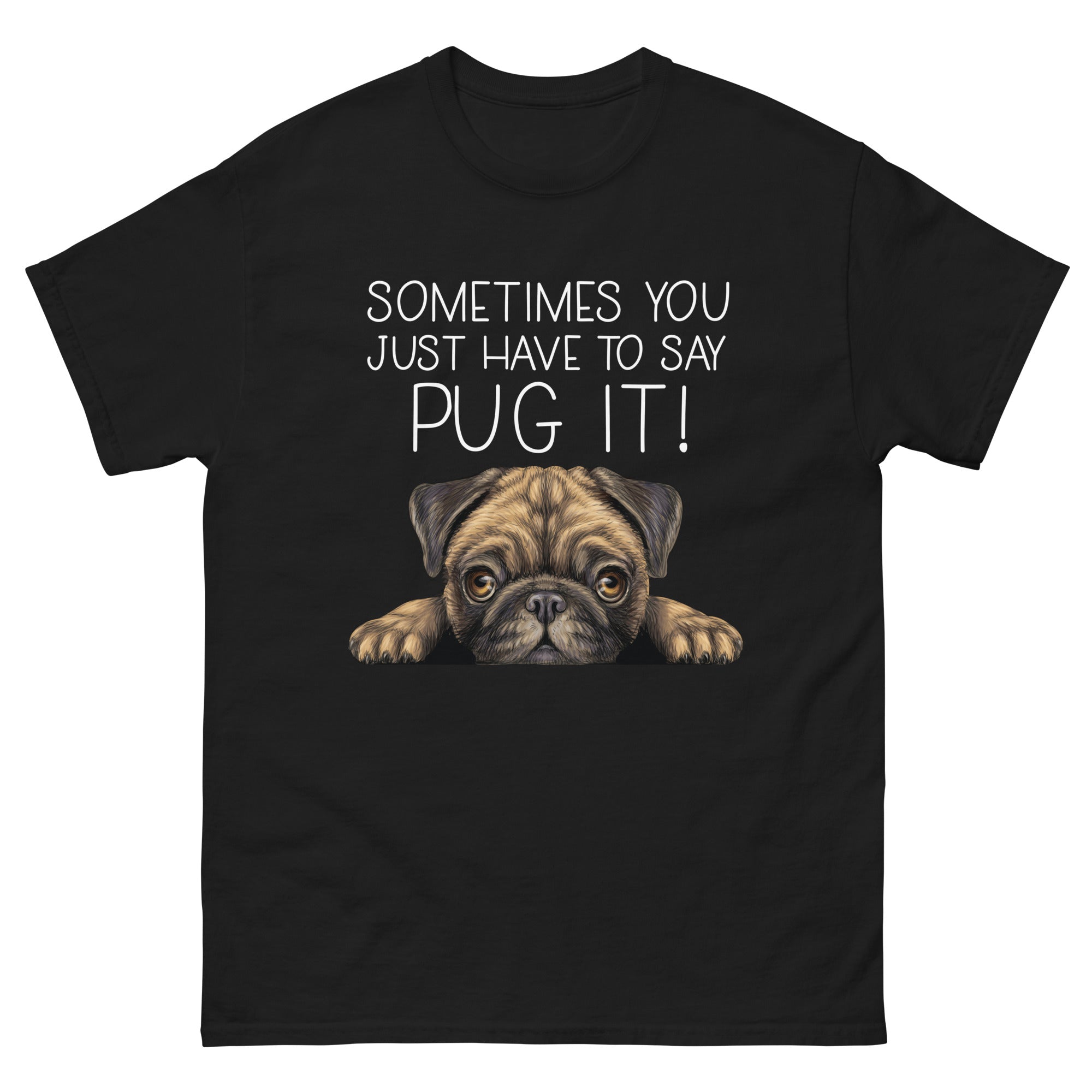 a black t - shirt with a pug on it