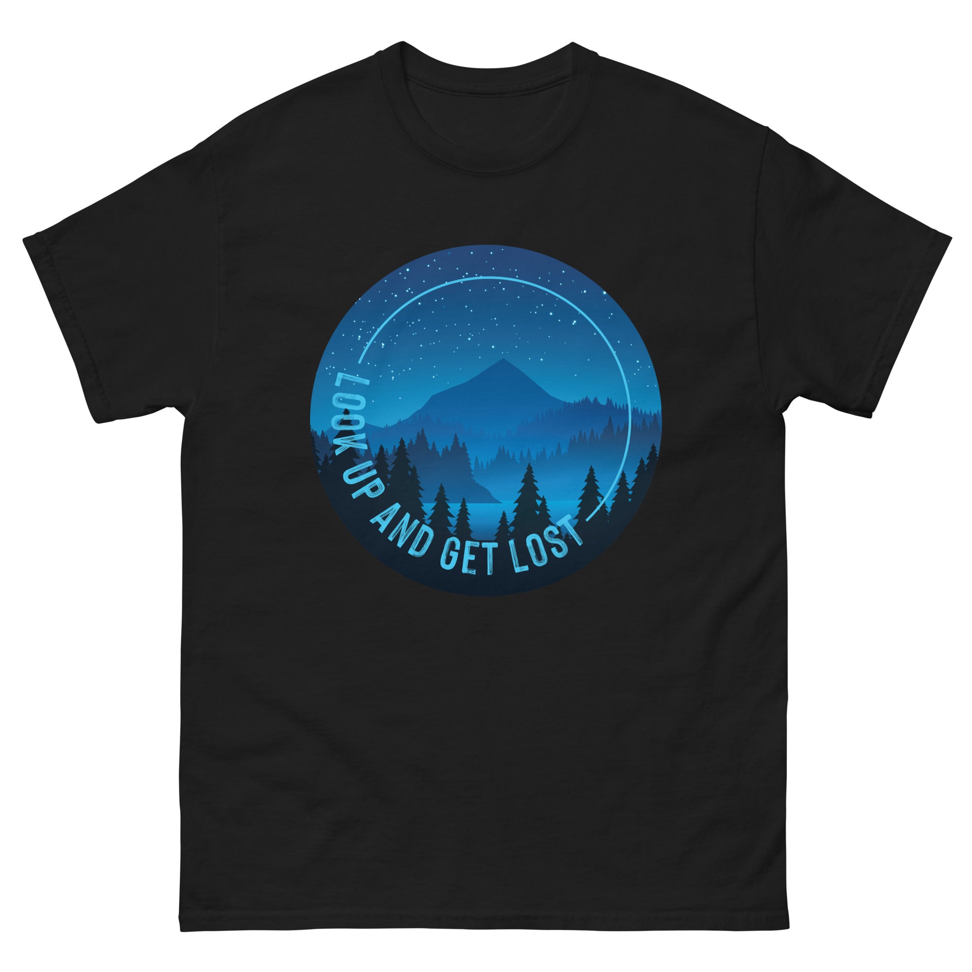 a black t - shirt with a picture of a mountain and stars in the sky