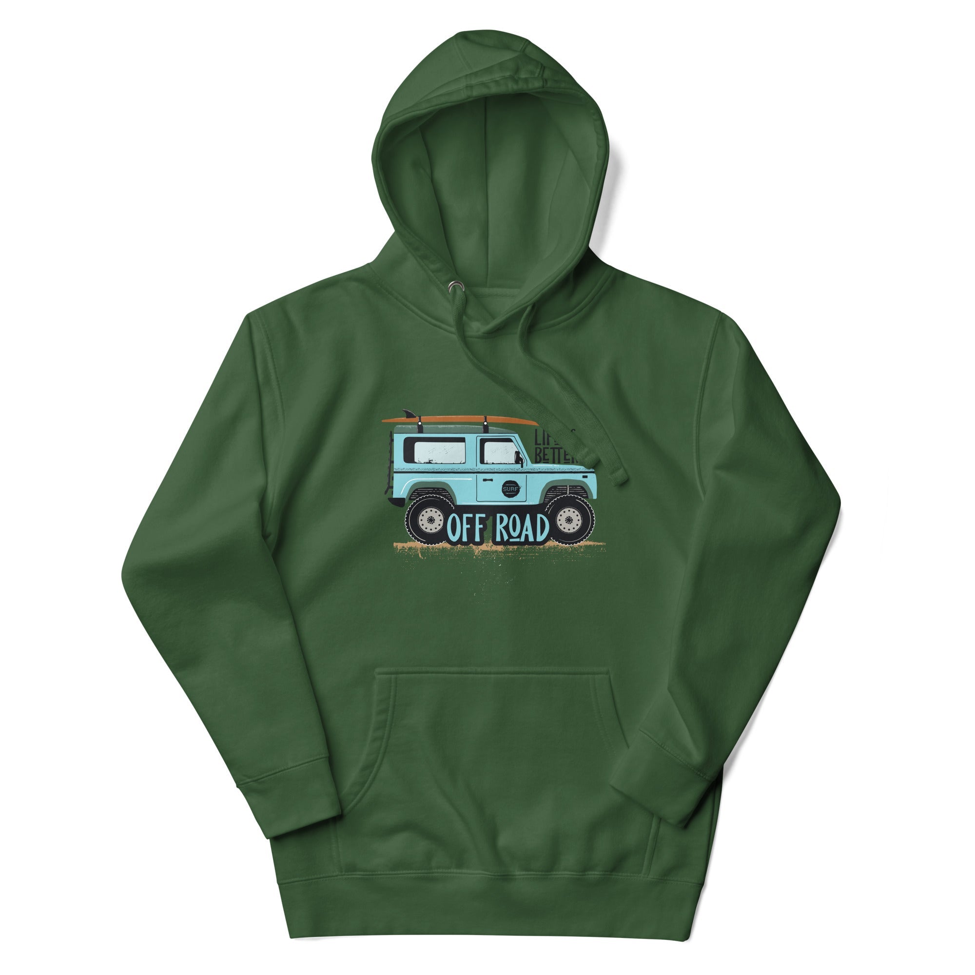 a green hoodie with a blue truck on it