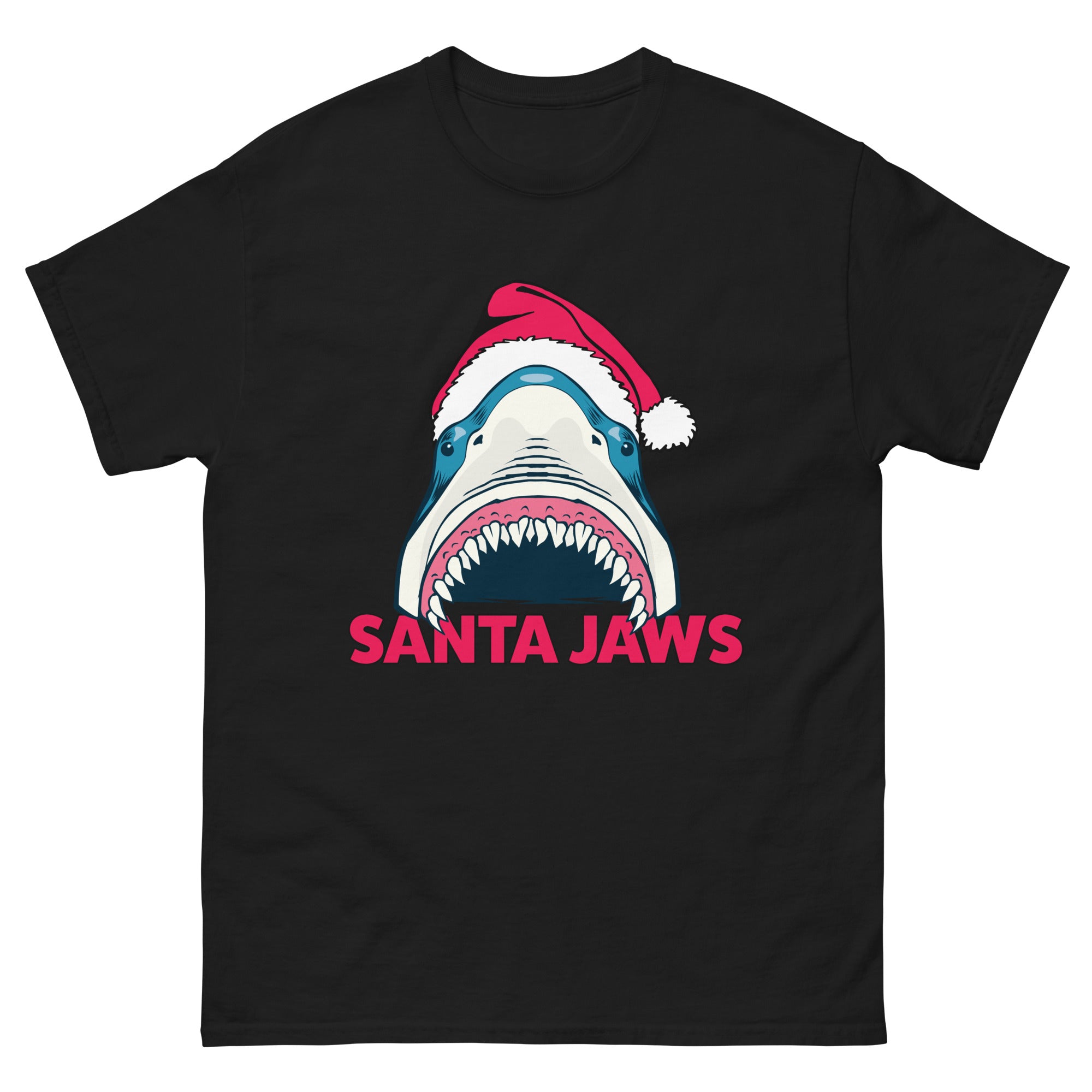 a black t - shirt with a shark wearing a santa hat