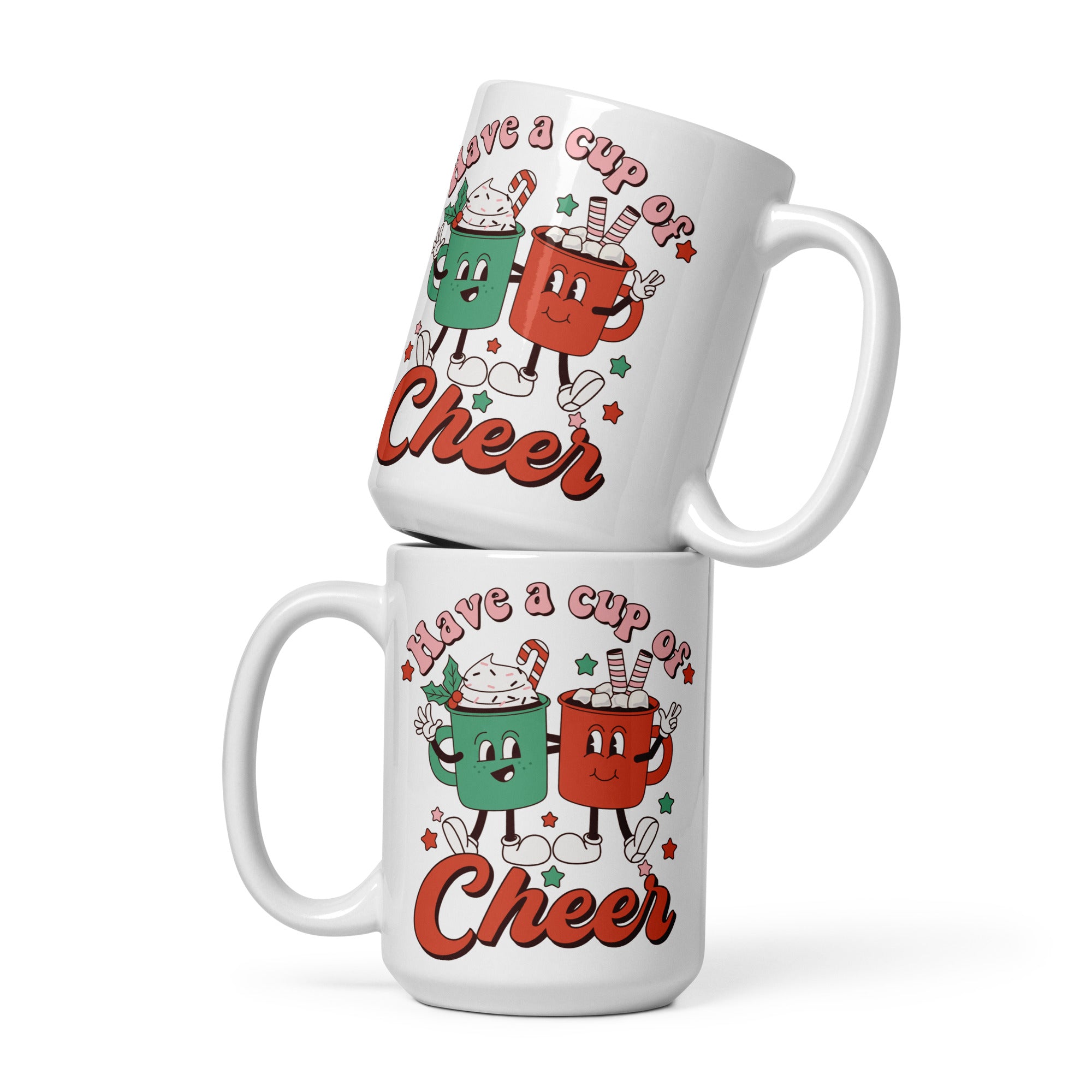 two coffee mugs that say have a cup of cheer