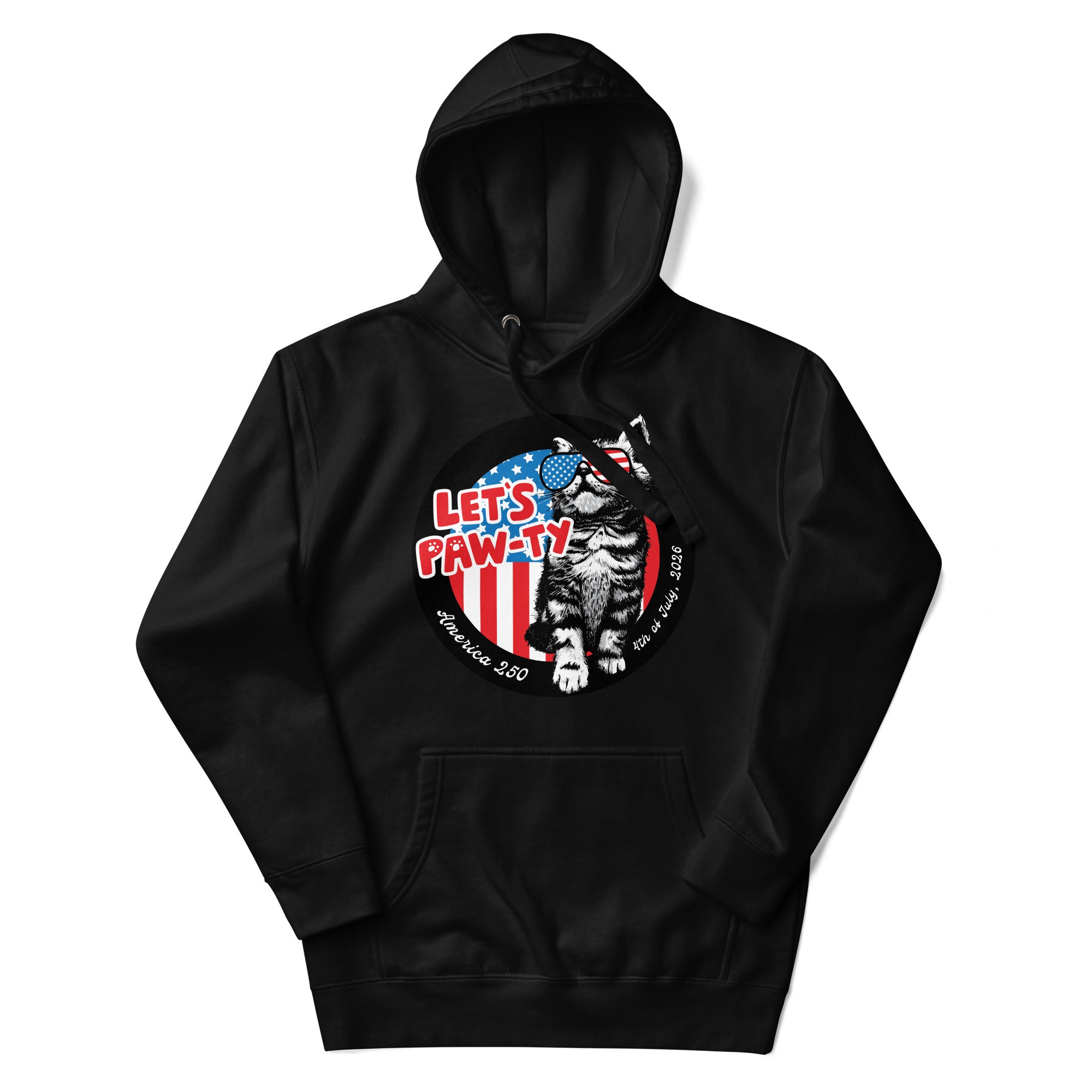 a black hoodie with an image of a cat on it