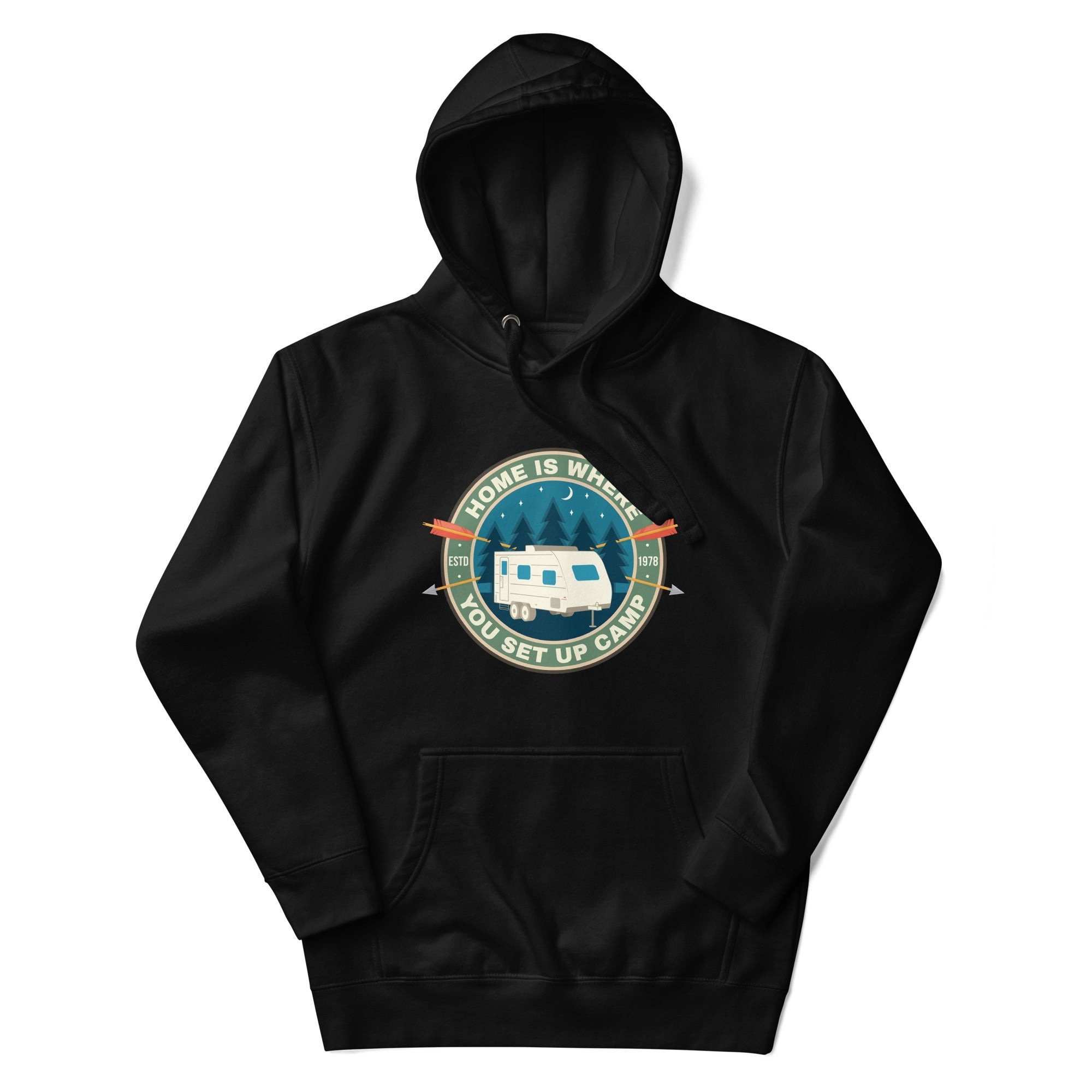 a black hoodie with a camper and trees on it