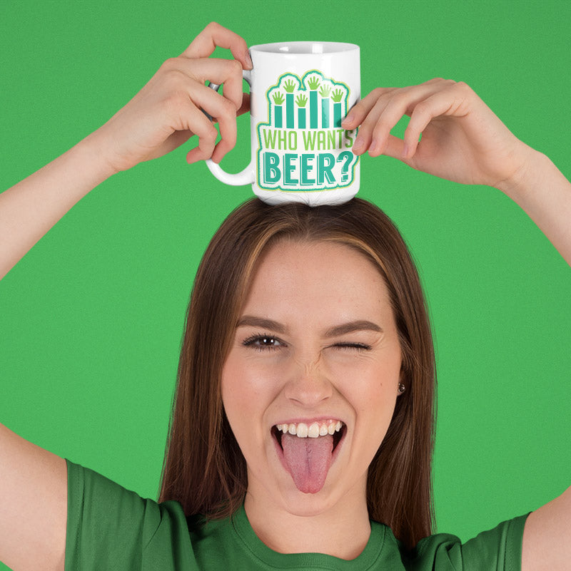 a woman holding a coffee mug on top of her head