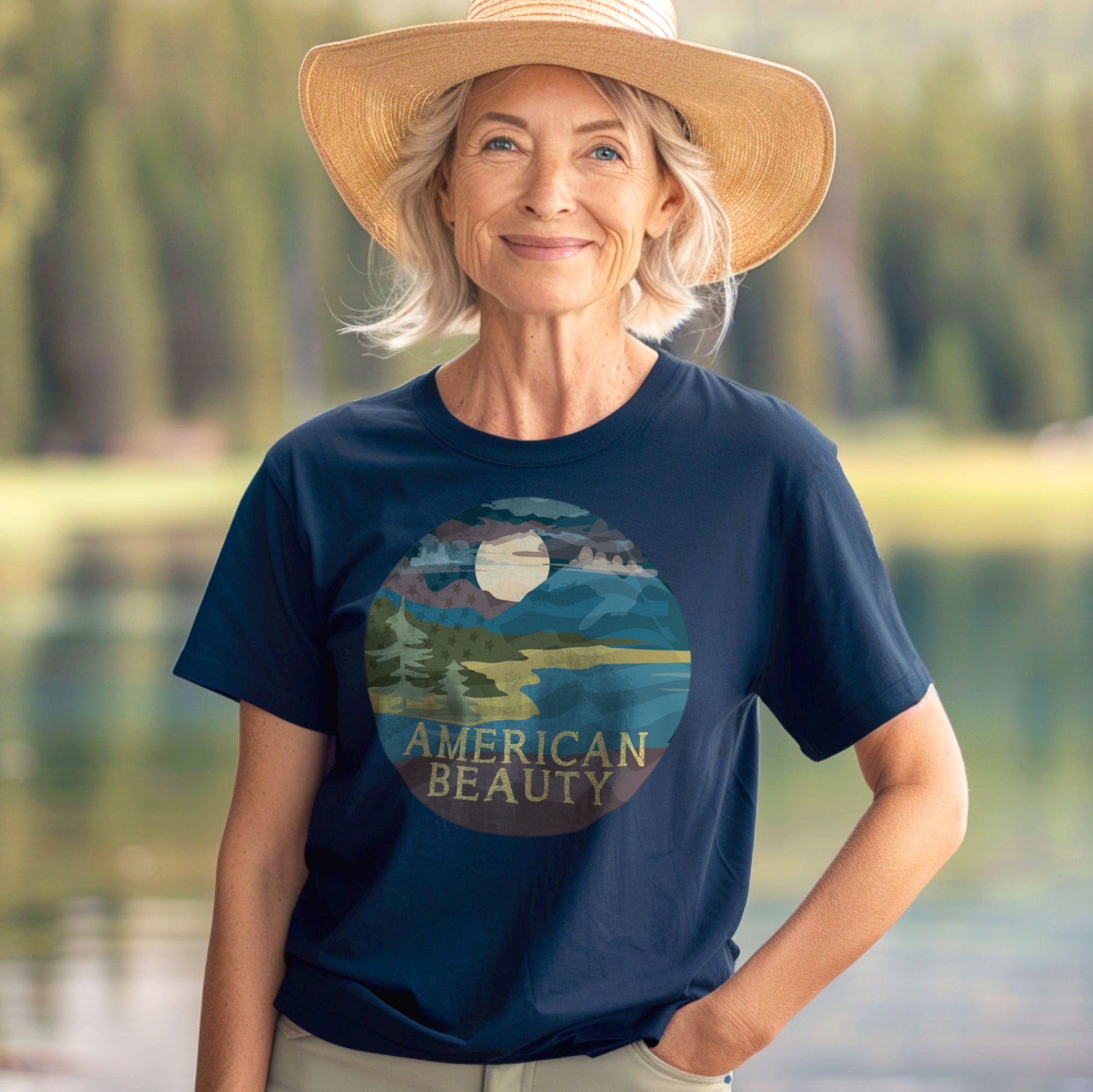 an older woman wearing a hat and a t - shirt