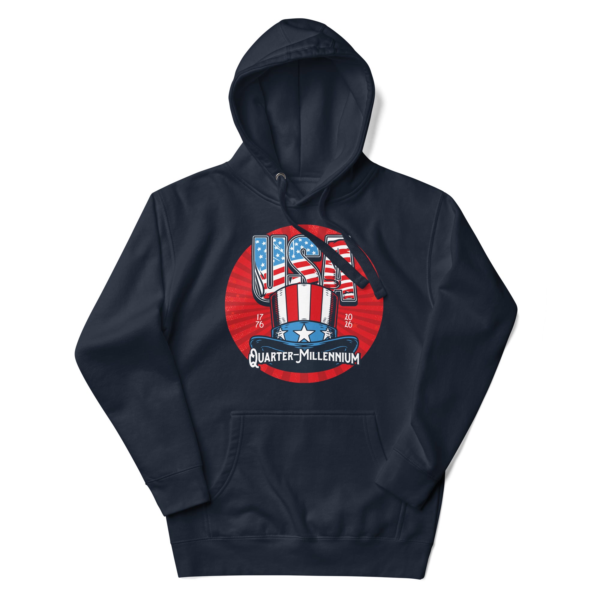 a blue hoodie with an american flag on it