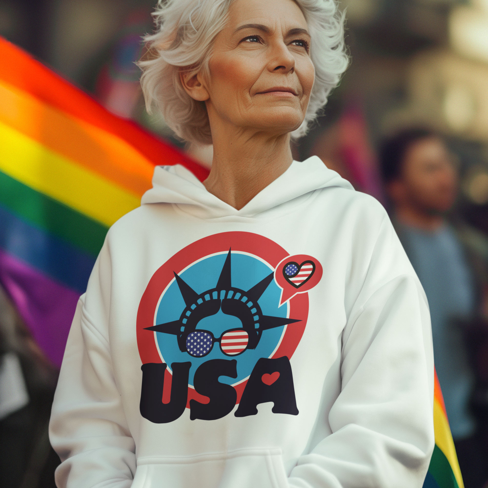 a woman in a white hoodie is holding a rainbow flag