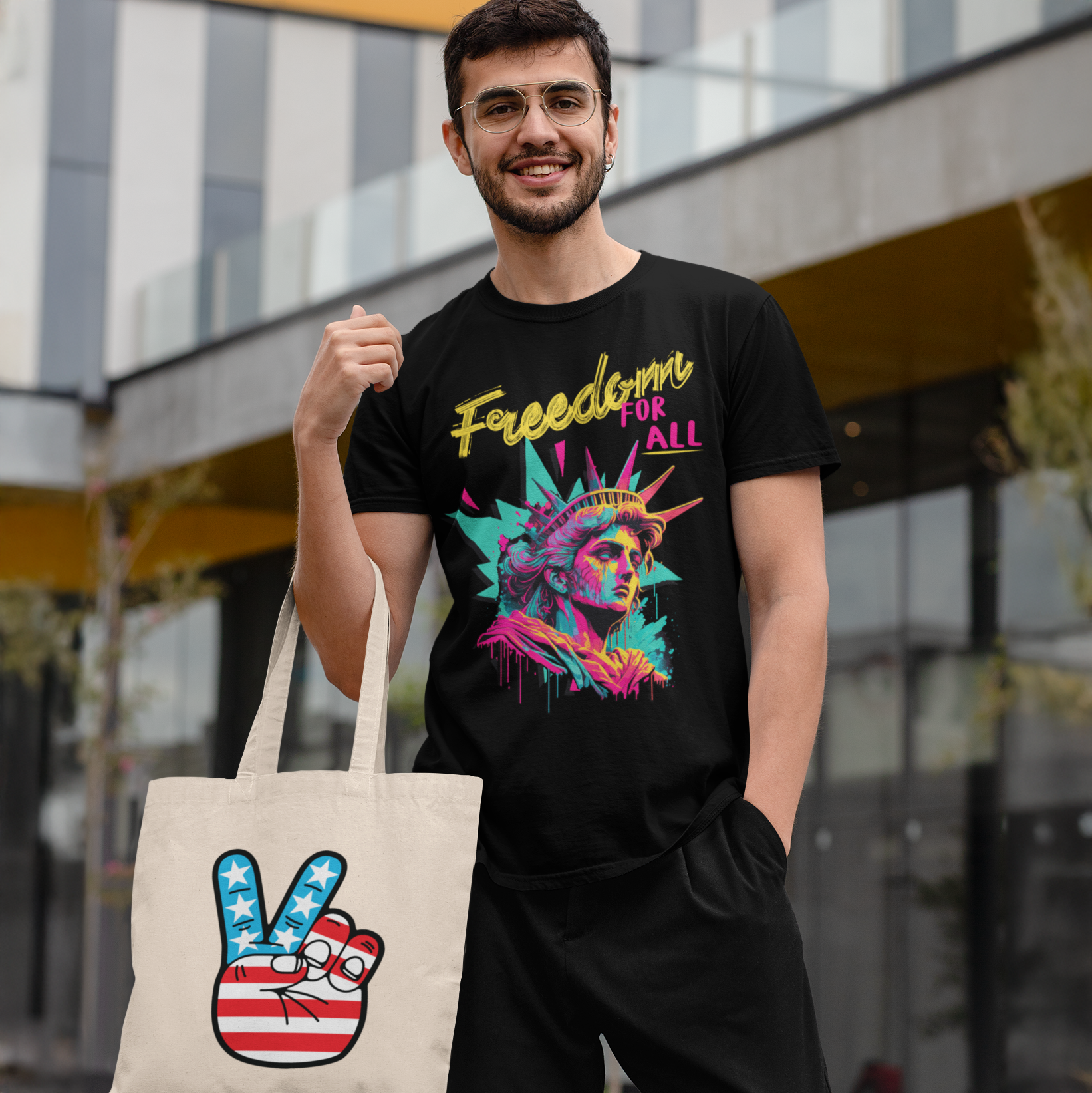 a man holding a bag with a peace sign on it