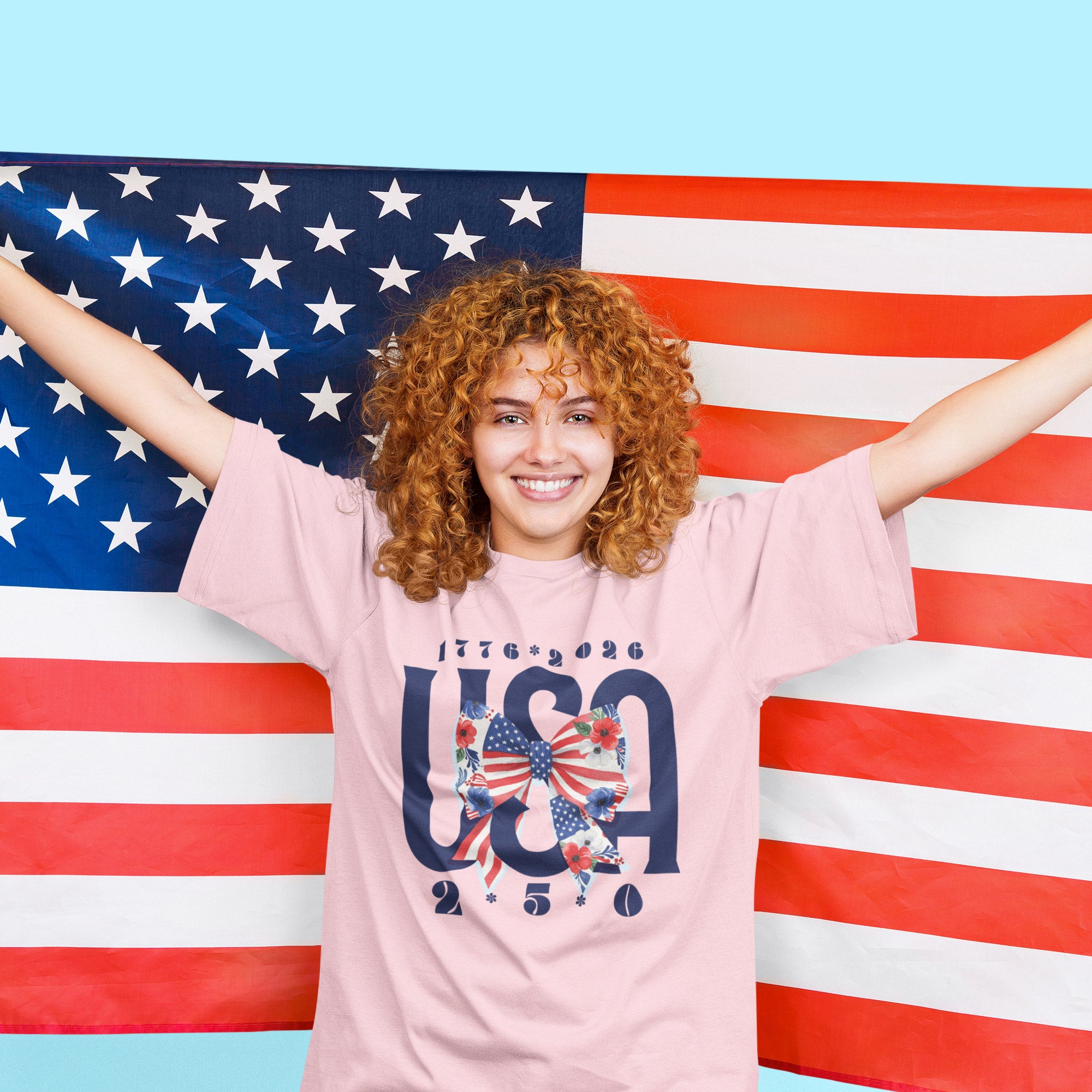 a woman with curly hair standing in front of an american flag