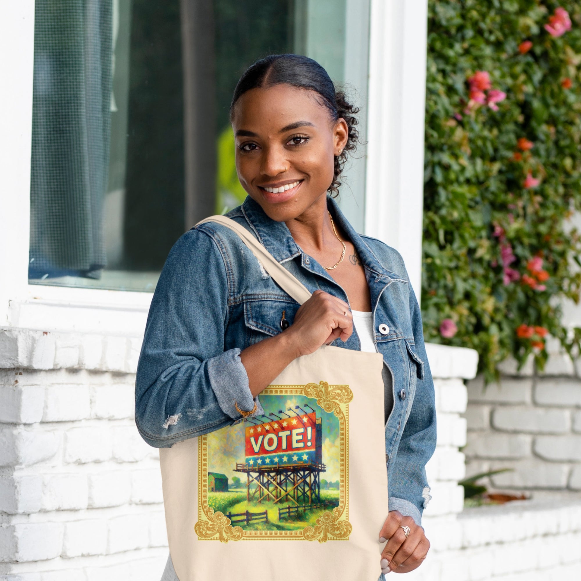 a woman holding a bag that says vote