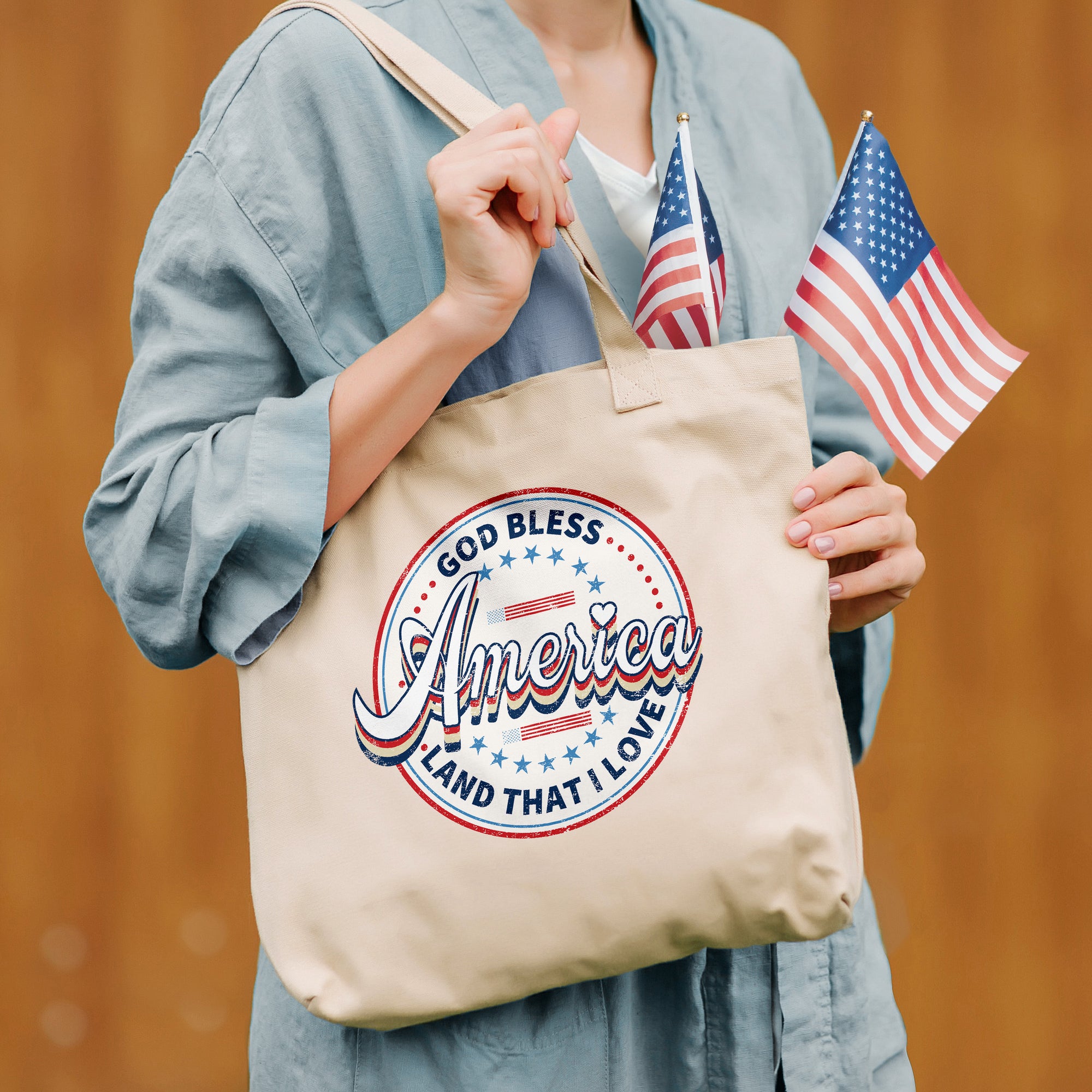 a woman holding an american flag and a bag