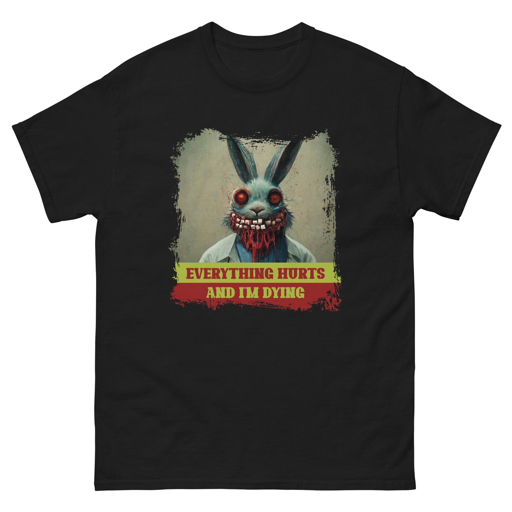 a black t - shirt with a picture of a bunny wearing a mask