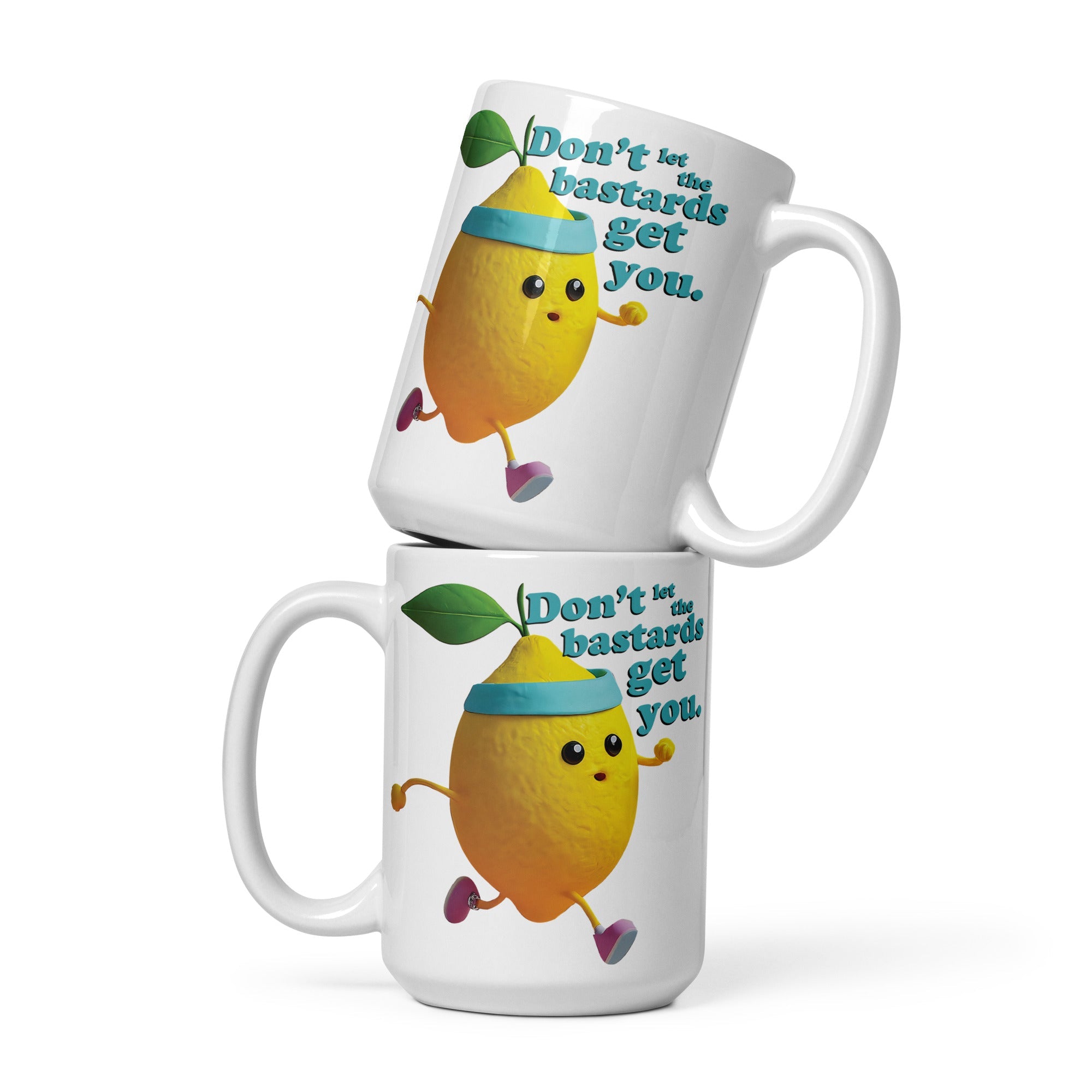 two white coffee mugs with lemons on them