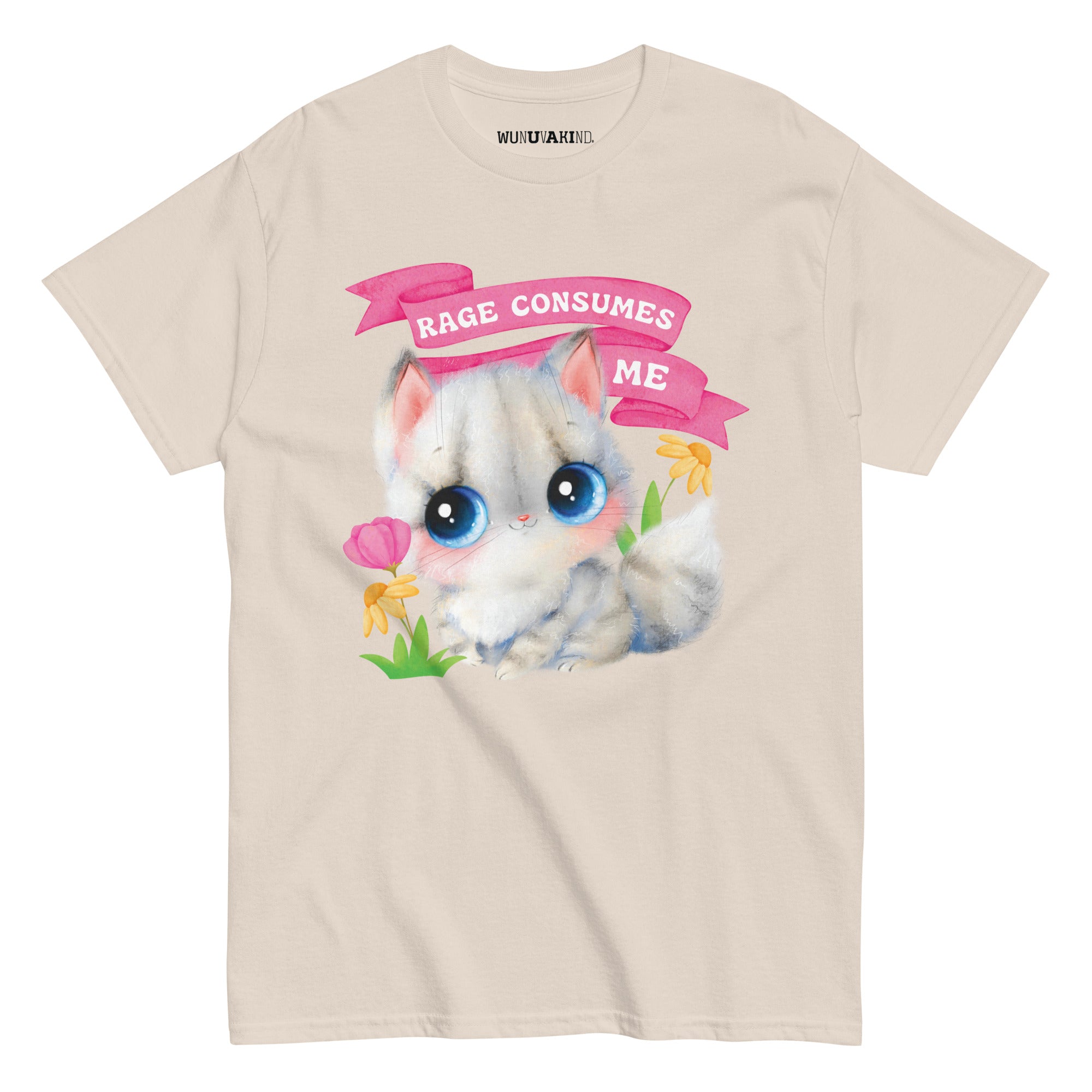 A t-shirt design featuring a cute, cartoonish cat with large blue eyes and a pink banner that says "RAGE CONSUMES ME".