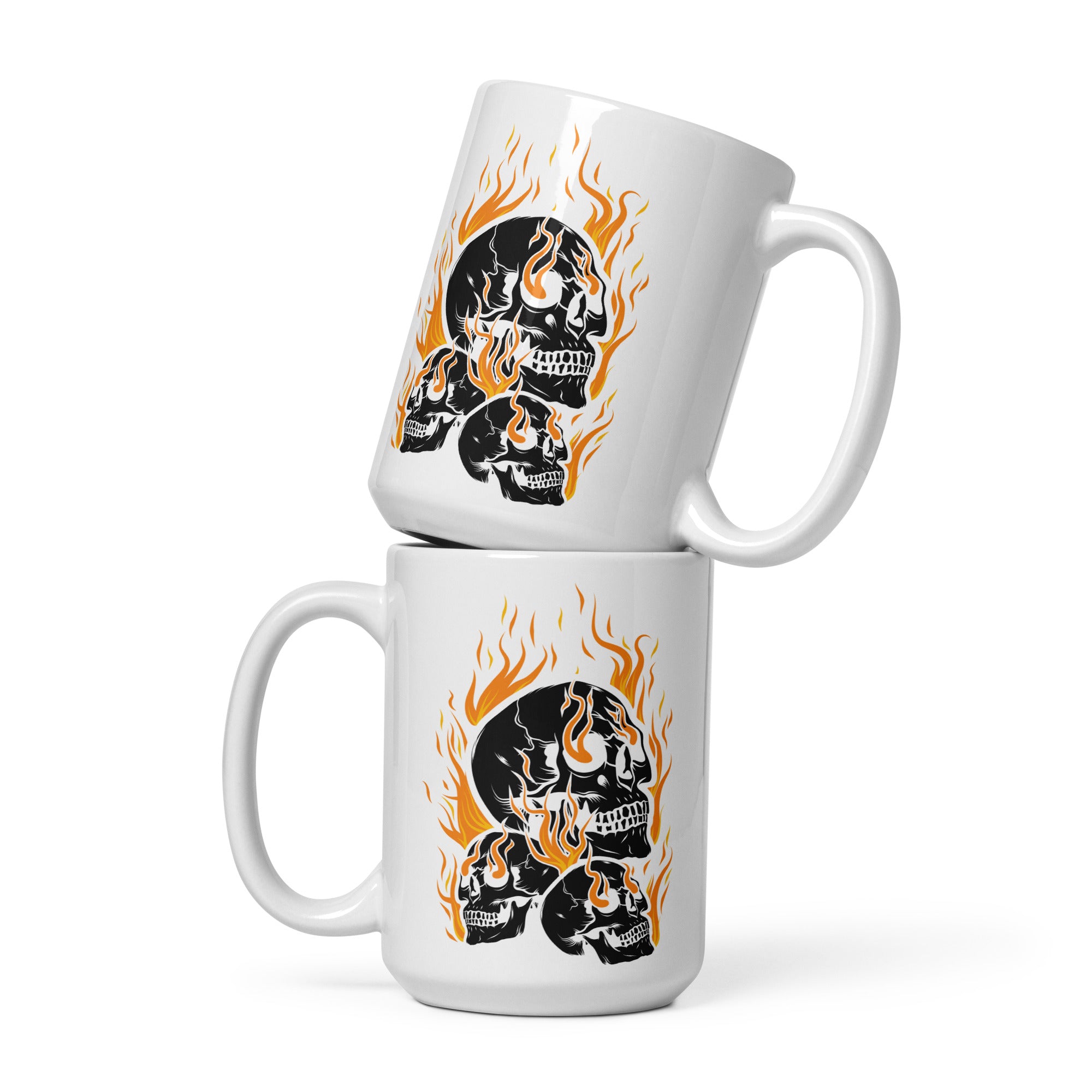 two white coffee mugs with skulls on them