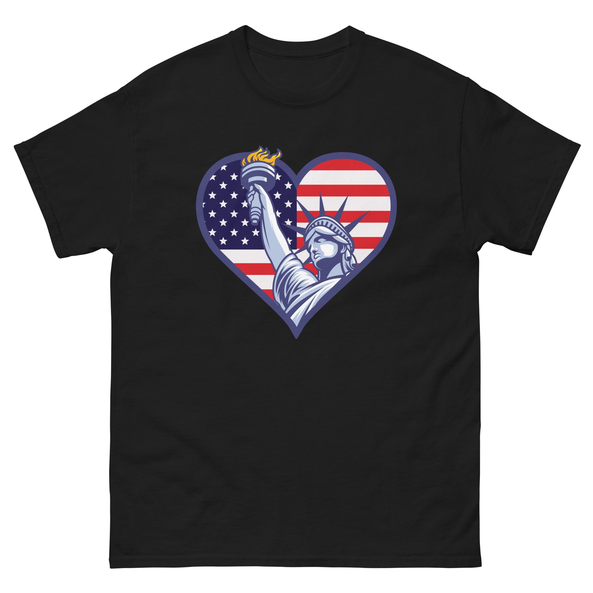 a black t - shirt with the statue of liberty in the shape of a heart