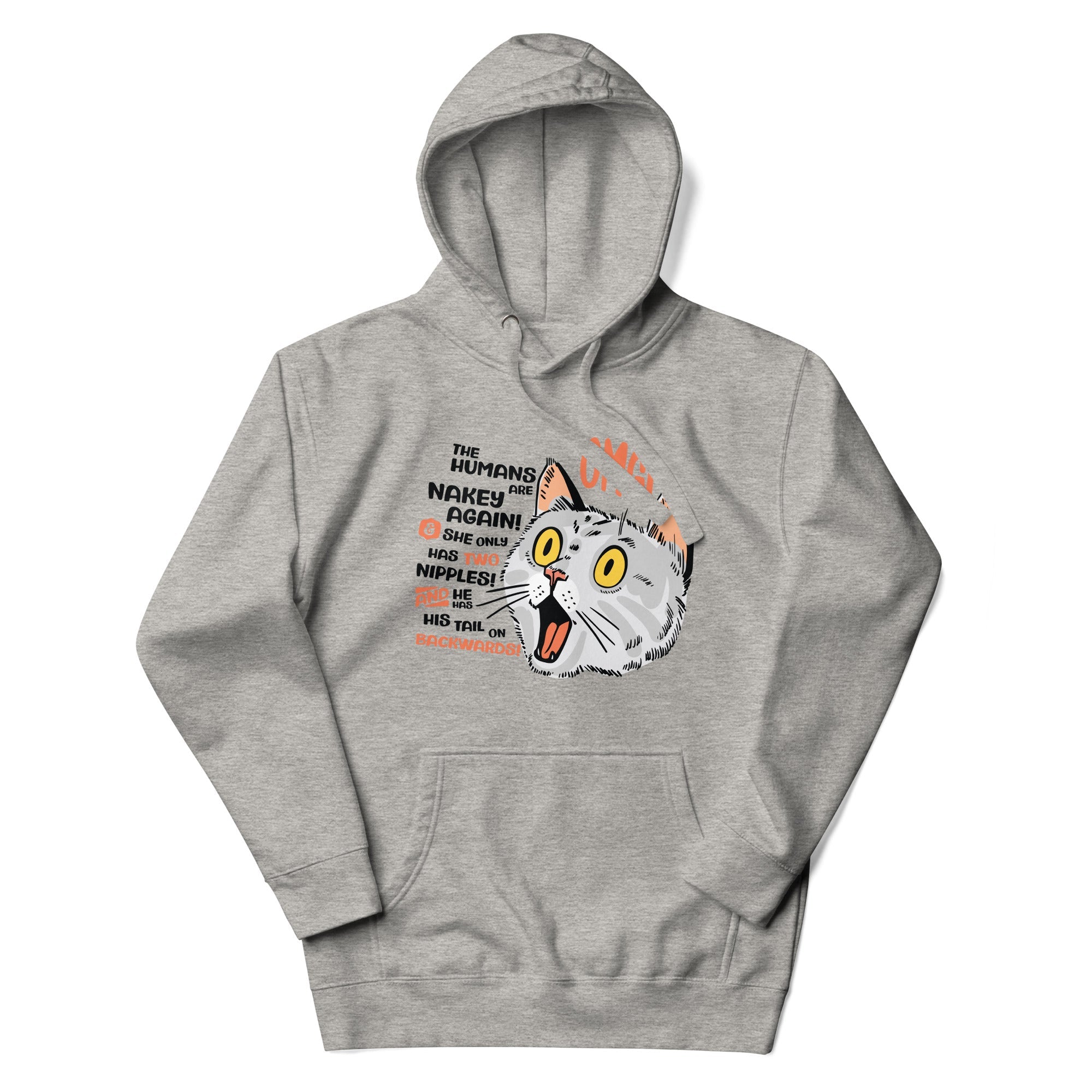 a gray hoodie with a cartoon cat on it