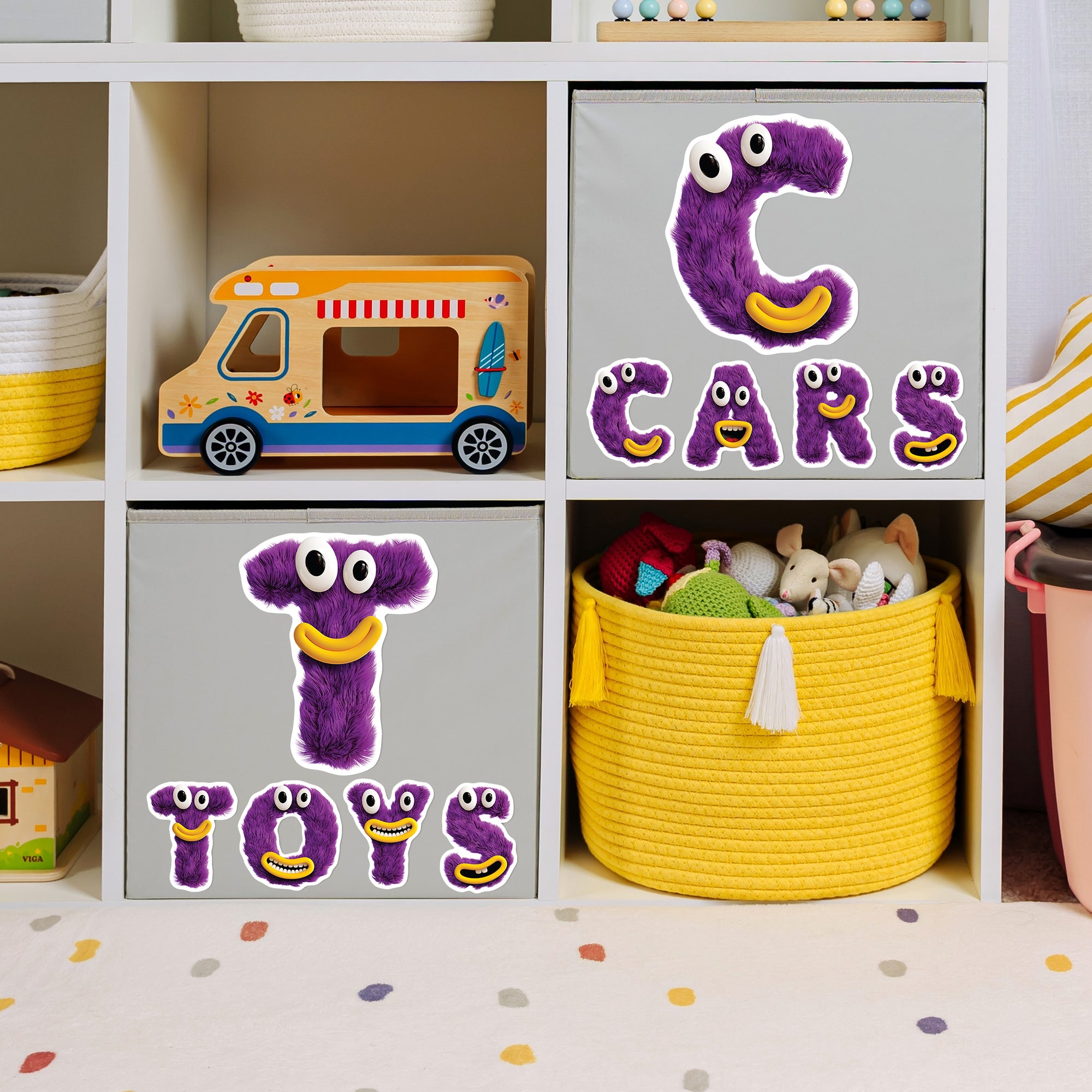 a child's playroom with toys and storage containers