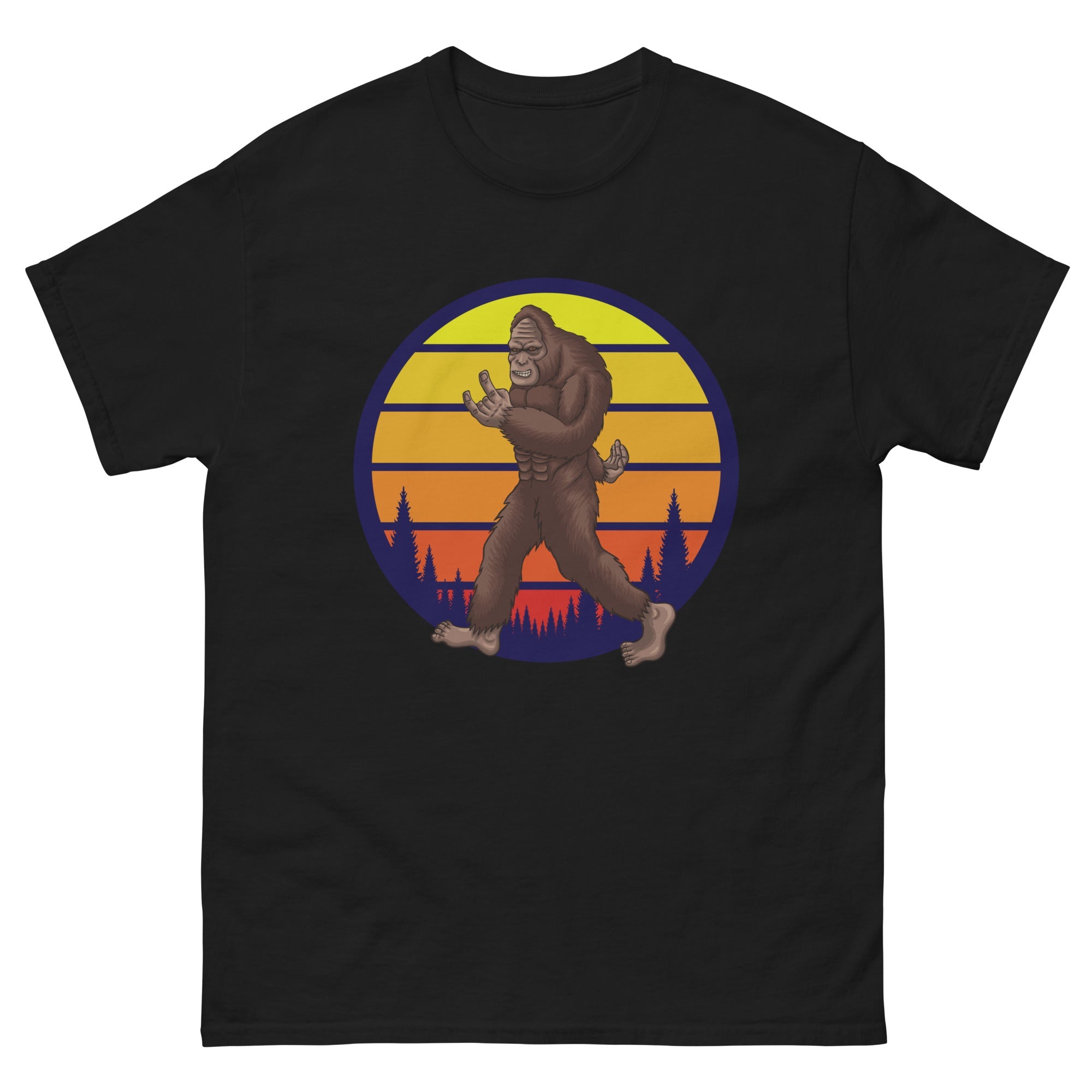 a black t - shirt with an image of a bigfoot