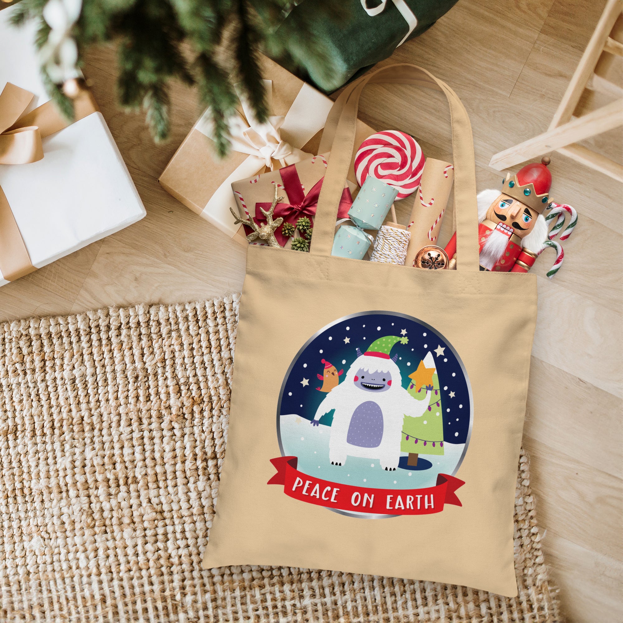 a tote bag sitting on top of a wooden floor