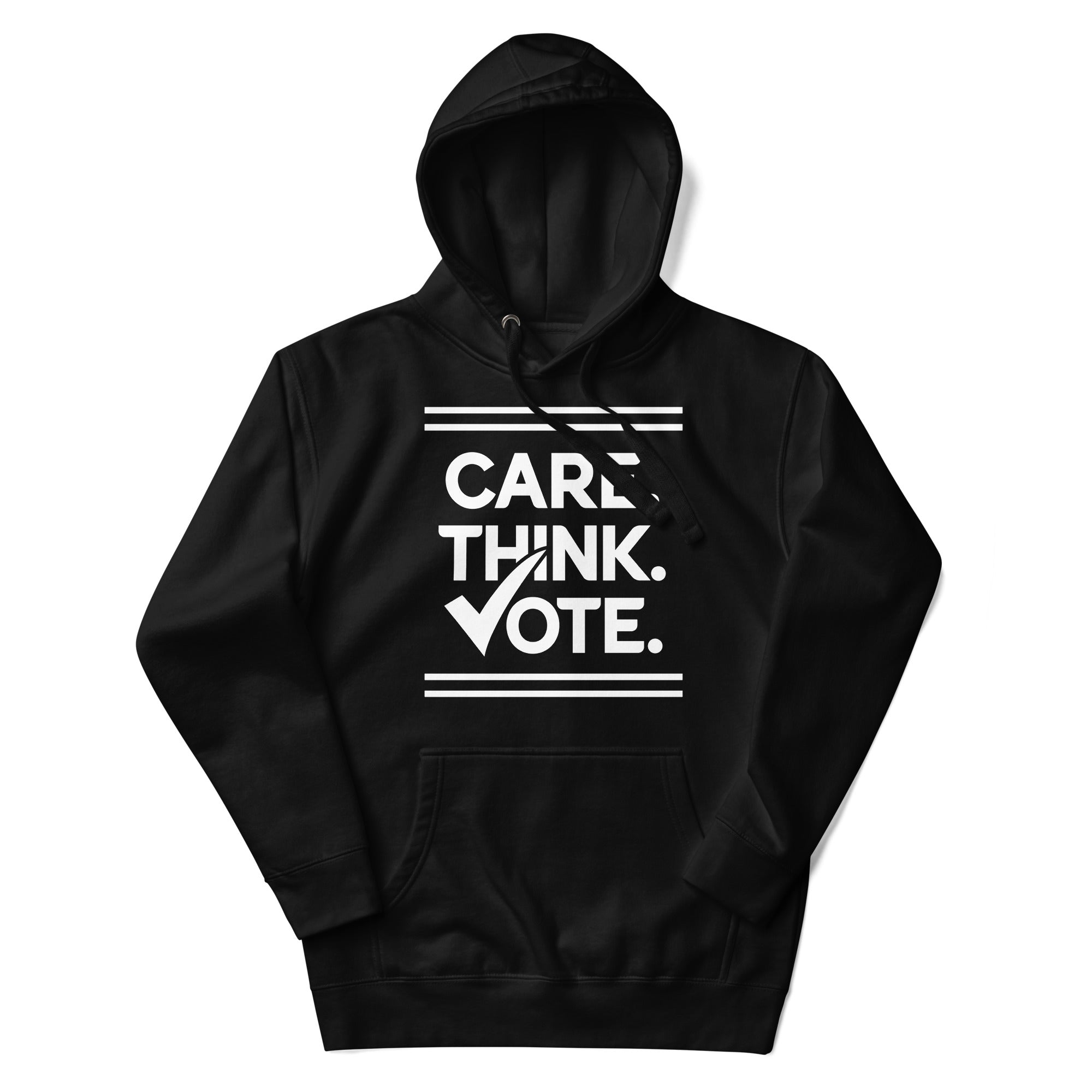 a black hoodie with the words car, think vote on it