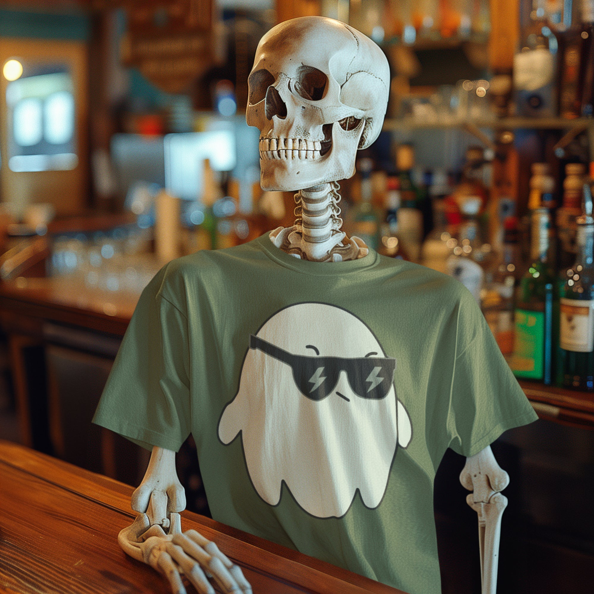 a skeleton wearing sunglasses sitting at a bar