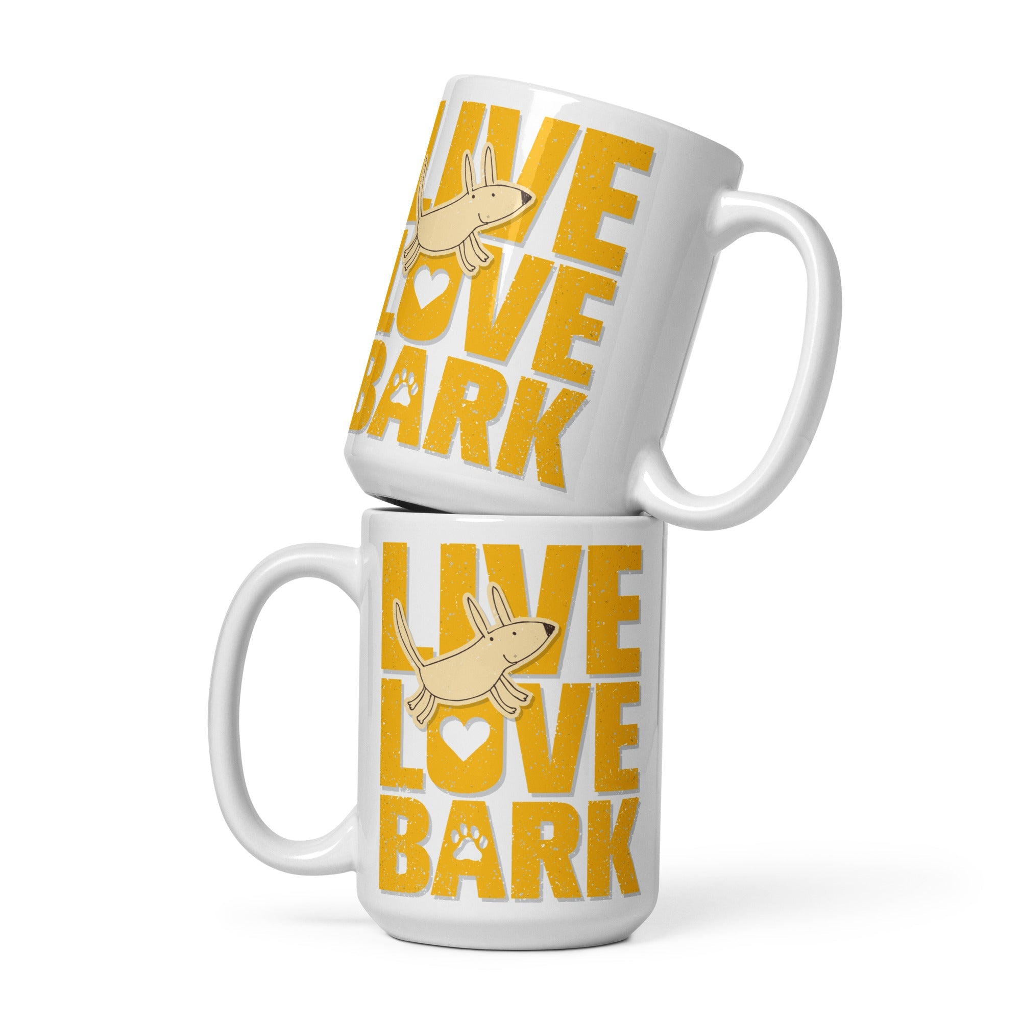 two coffee mugs that say live love bark