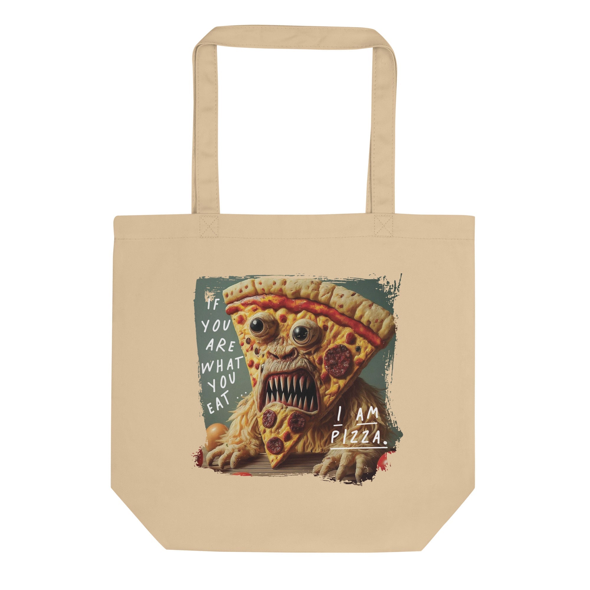 a tote bag with a picture of a pizza monster on it