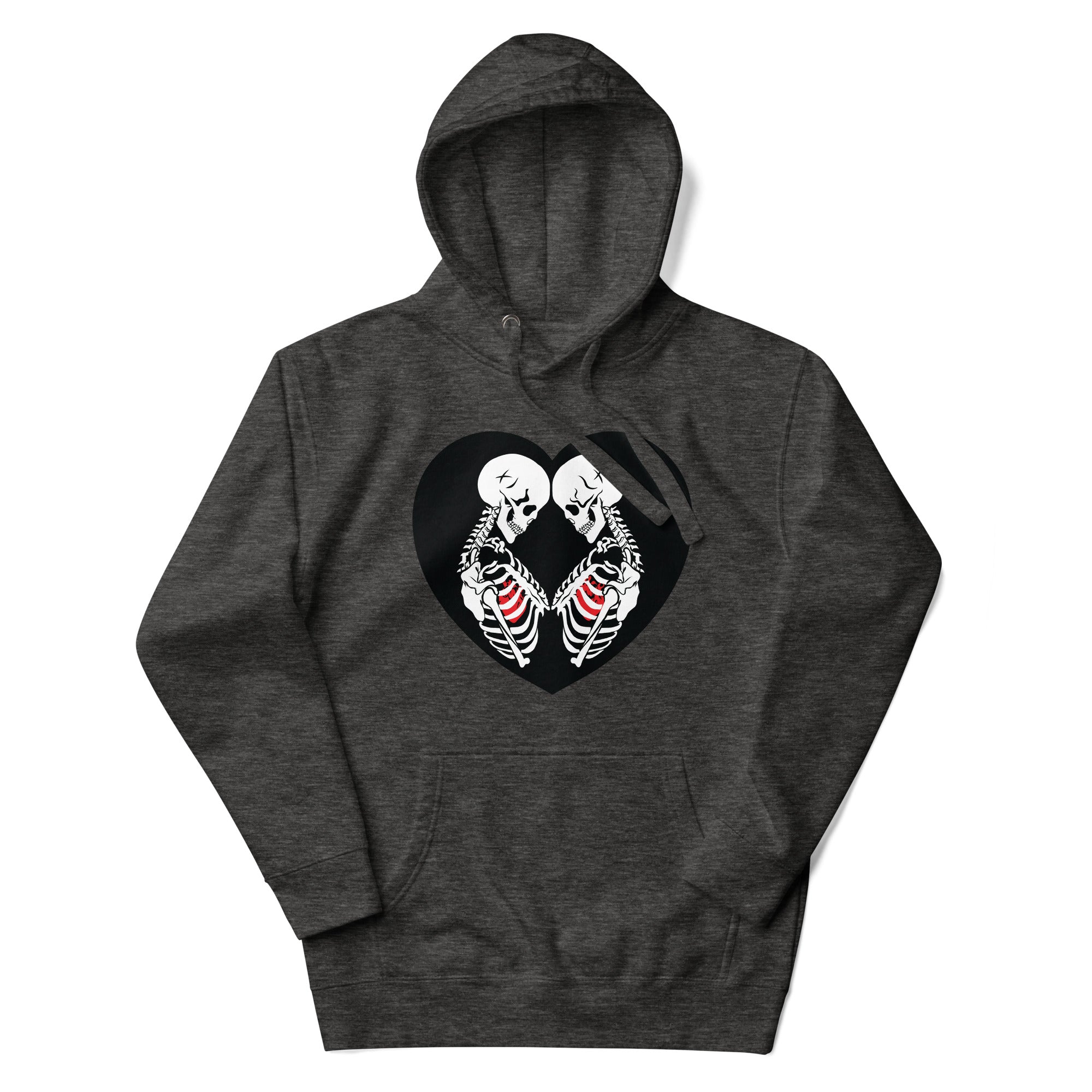 a black hoodie with two skulls in the shape of a heart