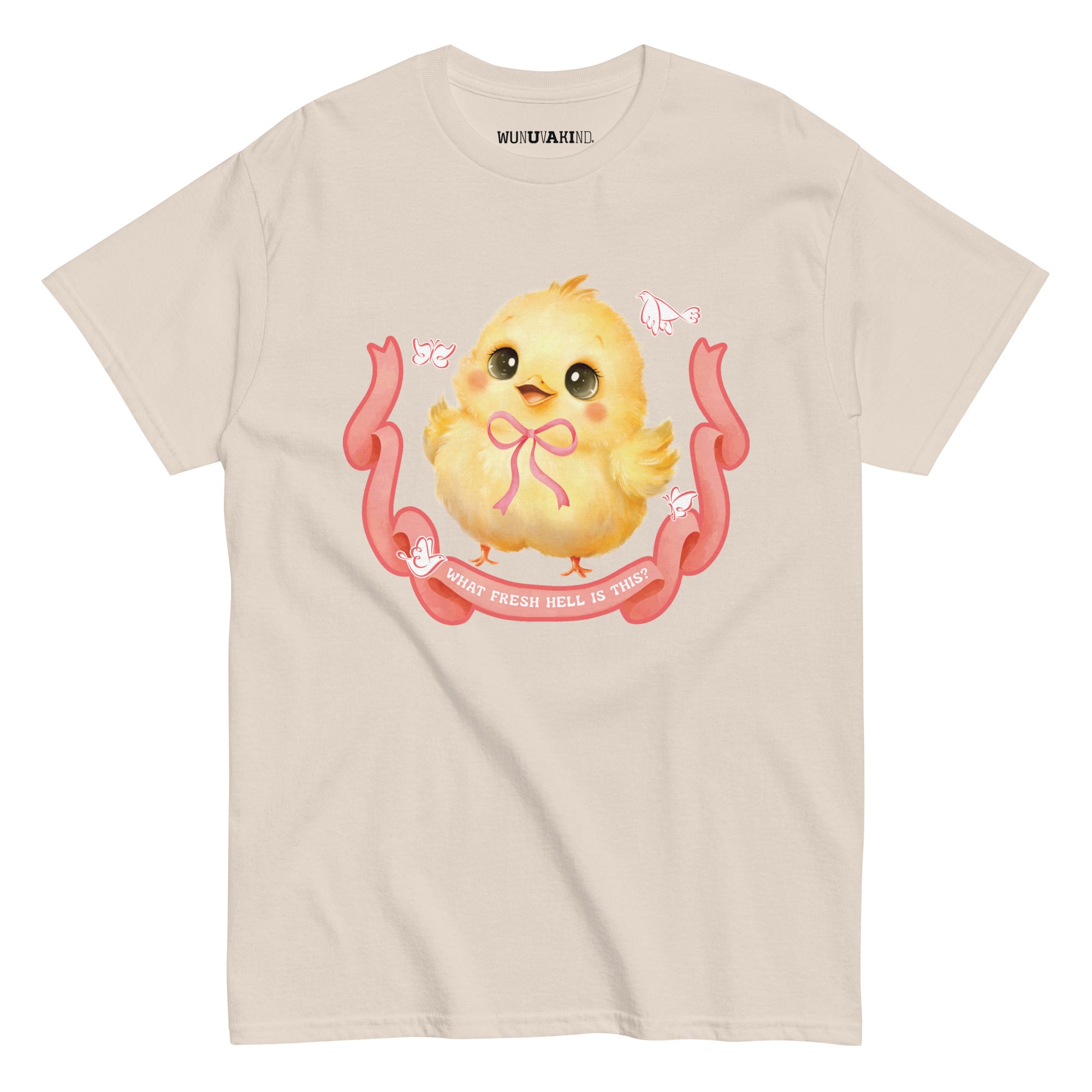 A t-shirt design featuring a cute yellow chick with a bow around its neck, surrounded by pink ribbons.